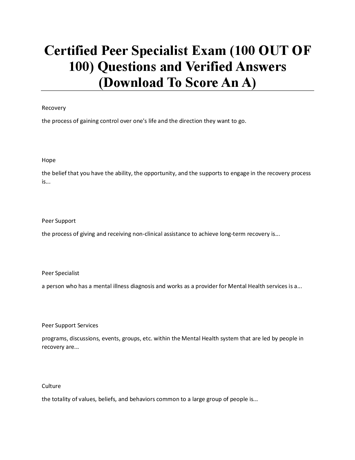 Preview image for Certified Peer Specialist Exam (100 OUT OF  100) Questions and Verified Answers  (Download To Score An A)