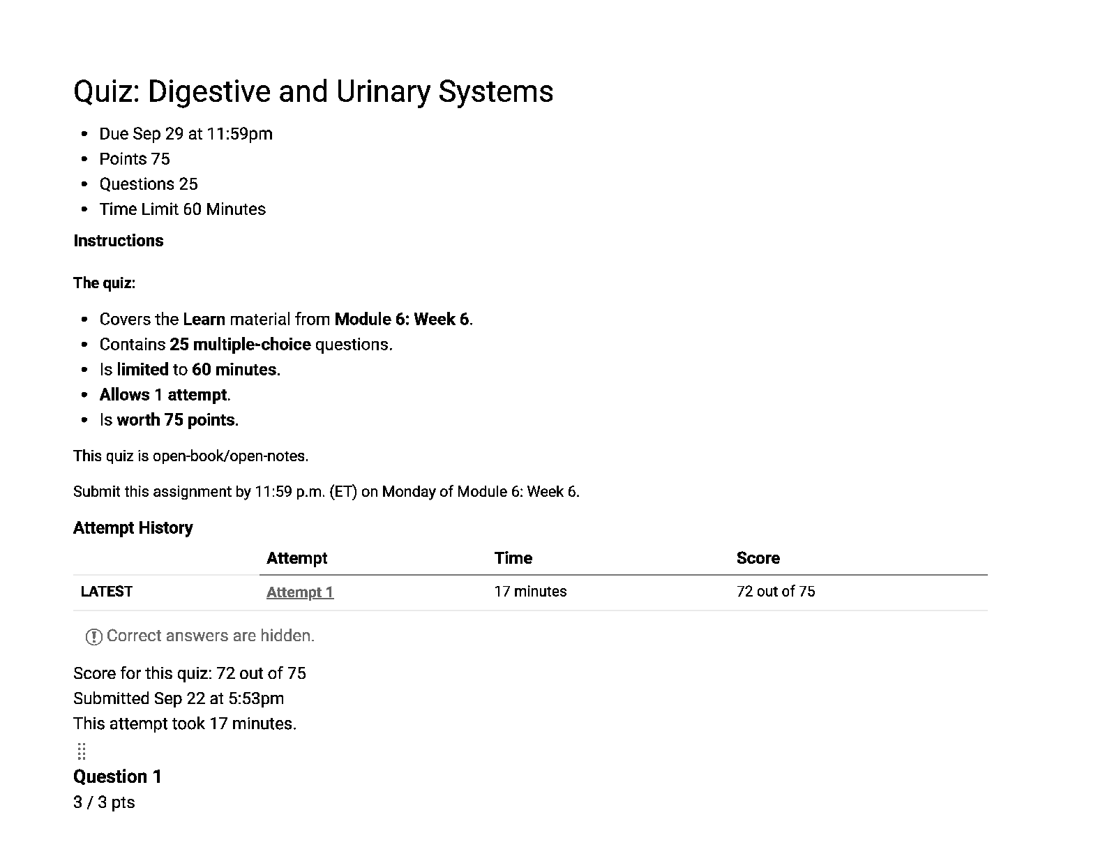 Preview image for BIOL 102 Quiz: Digestive and Urinary Systems | Score 72/75 | Liberty University