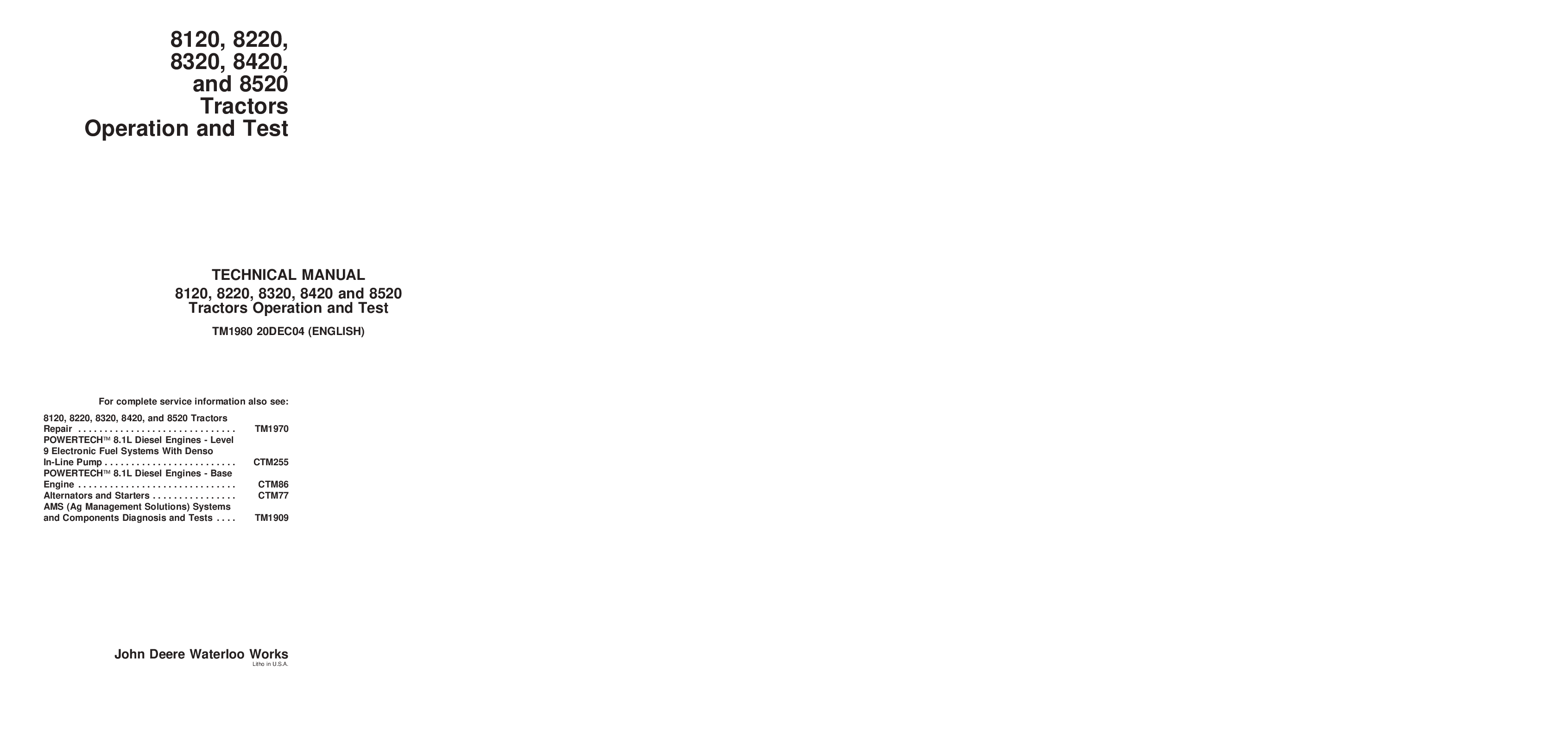 Preview image for John Deere 8120 8220 8320 8420 8520 Operation and Test Manual TM1980