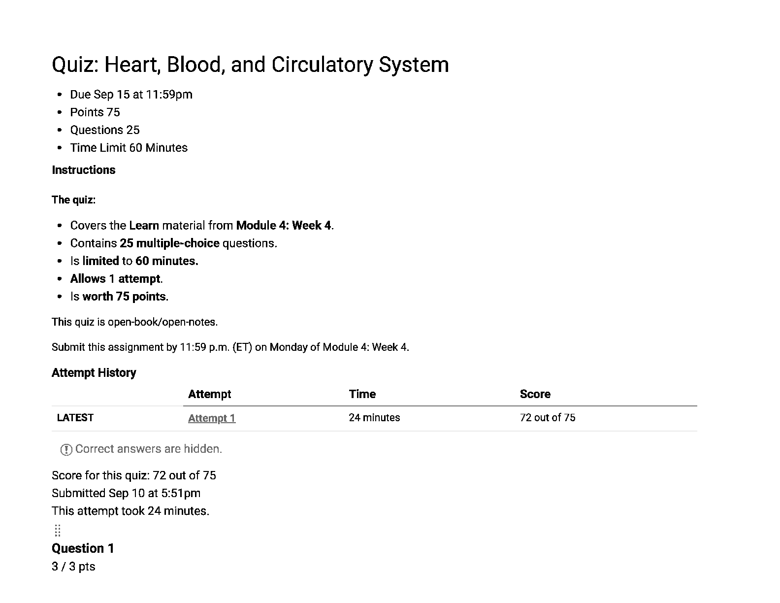 Preview image for BIOL 102 Quiz: Heart, Blood, and Circulatory System | Score 72/75 | Liberty University