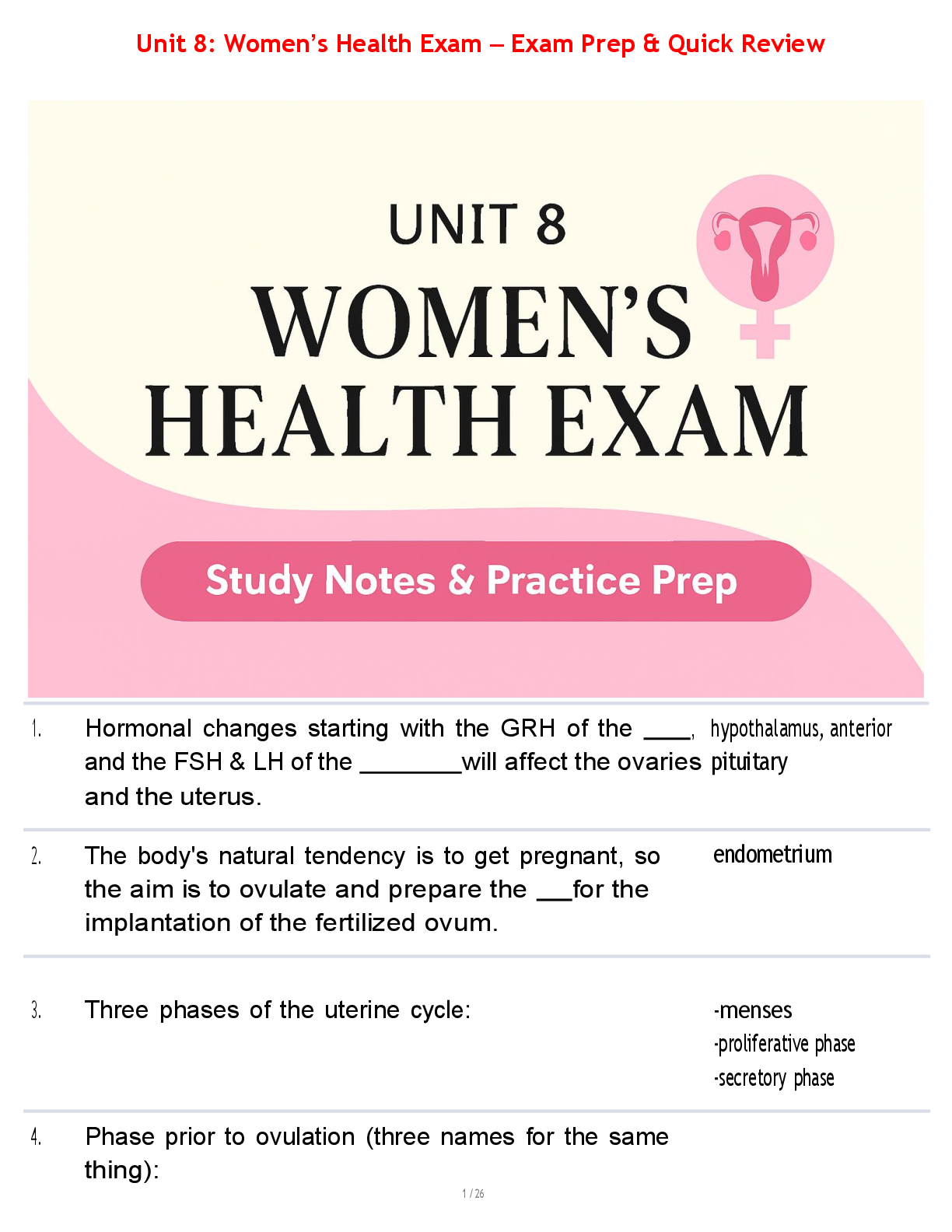 Preview image for Unit 8: Women’s Health Exam – Exam Prep & Quick Review