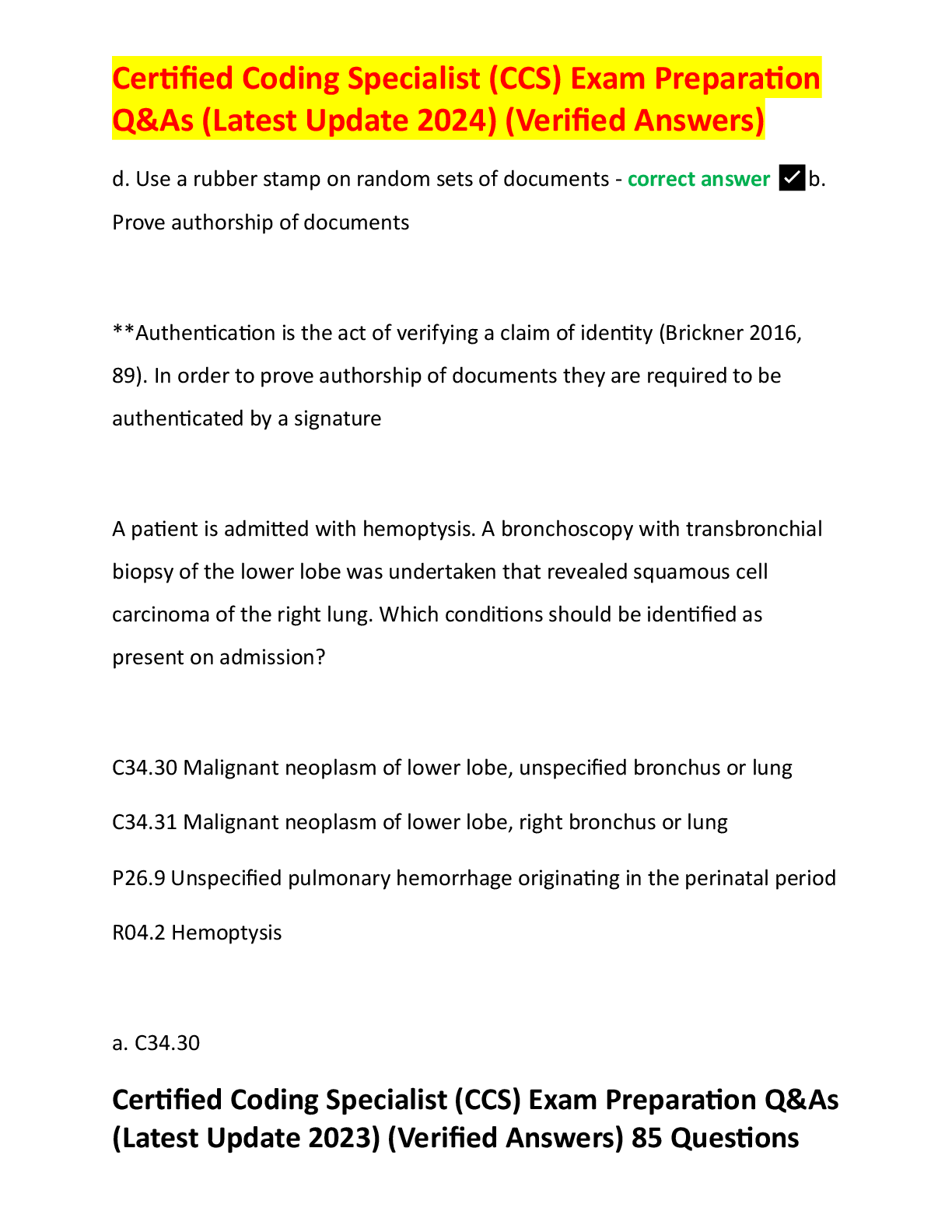 Preview image for Certified Coding Specialist (CCS) Exam Preparation  Q&As (Latest Update 2024) (Verified Answers)