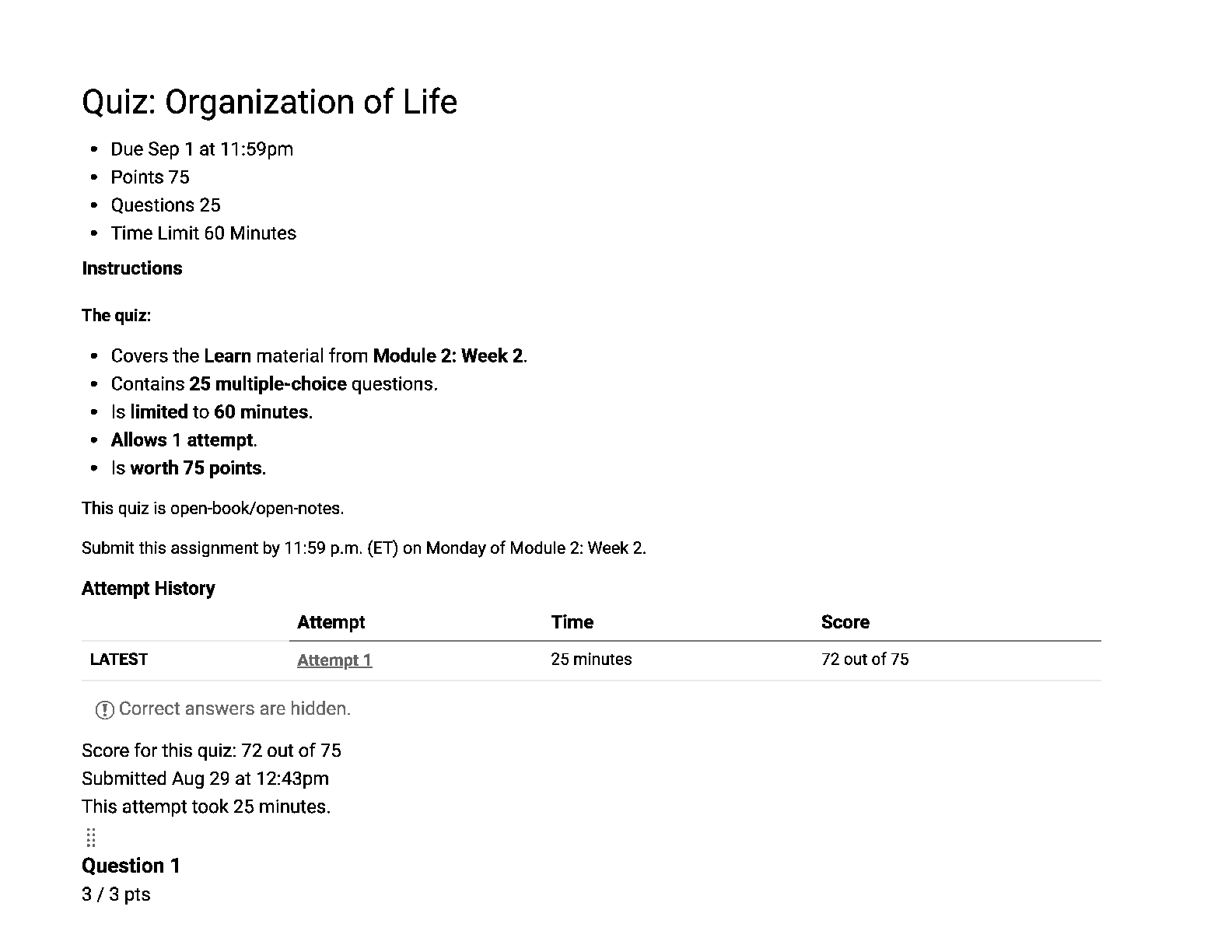 Preview image for BIOL 102 Quiz: Organization of Life | Score 72/75 | Liberty University