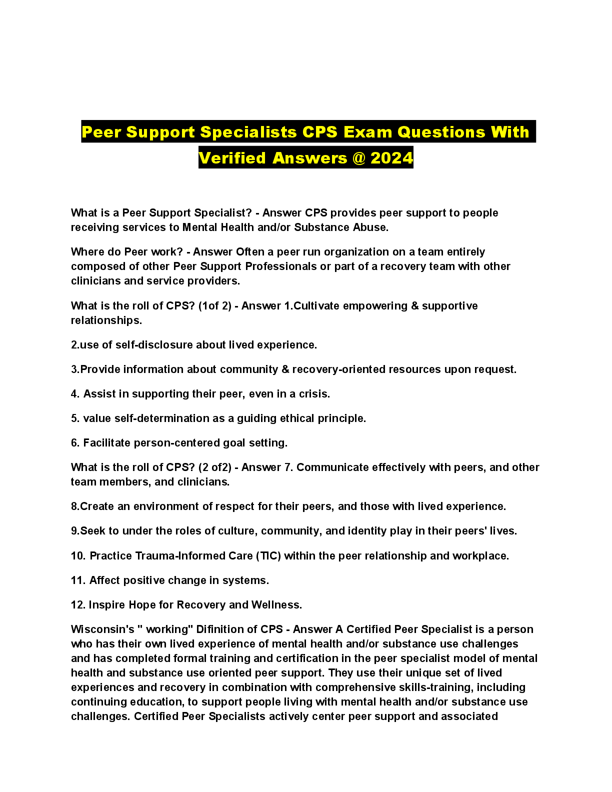 Preview of Peer Support Specialists CPS Exam Questions With  Verified Answers @ 2024