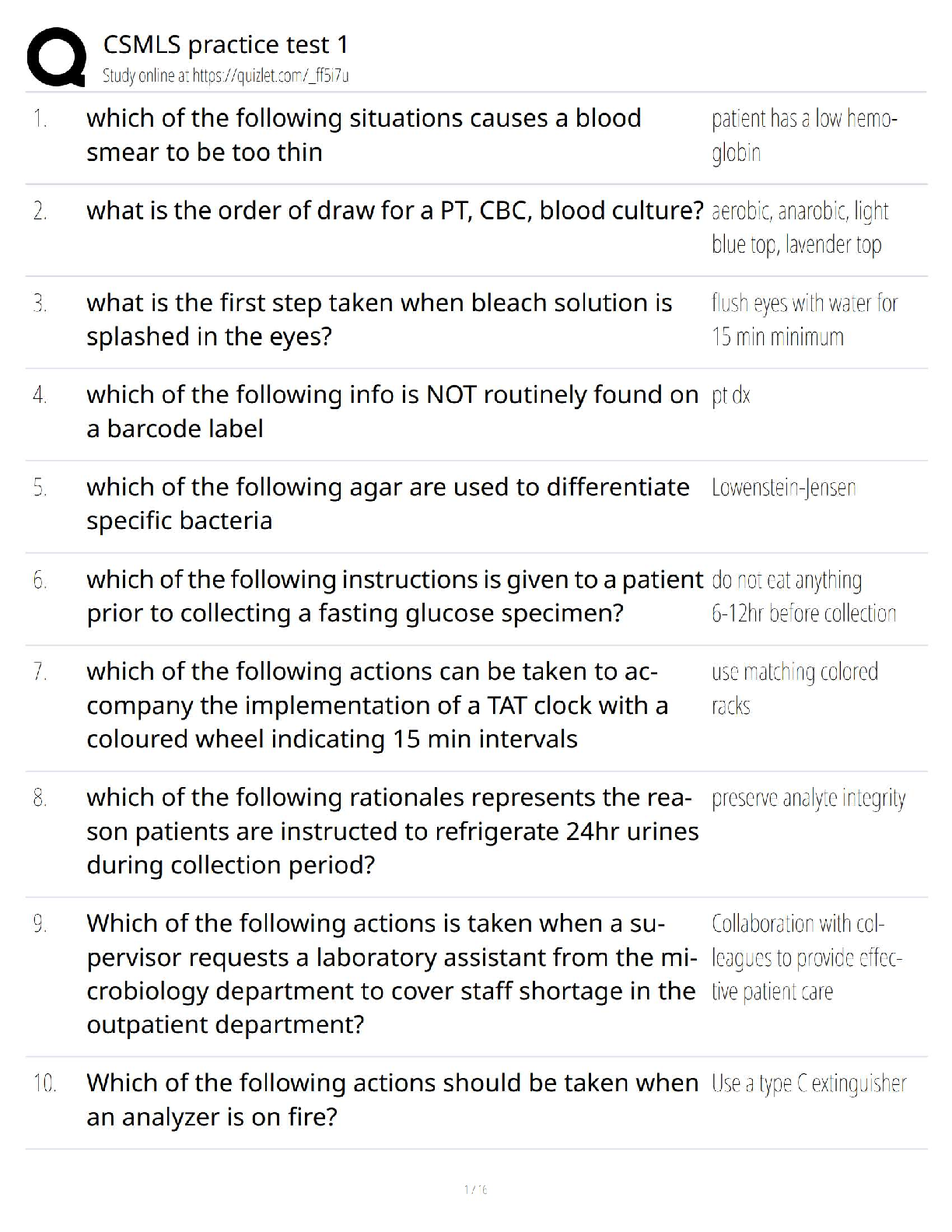 CSMLS Practice Test 1 / 2025 Updated Version / Verified Questions & Answers for Medical Laboratory Certification Exam