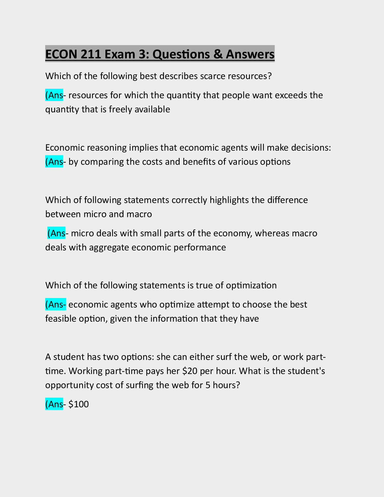 Preview image for ECON 211 Exam 3: Questions & Answers:Updated Solution