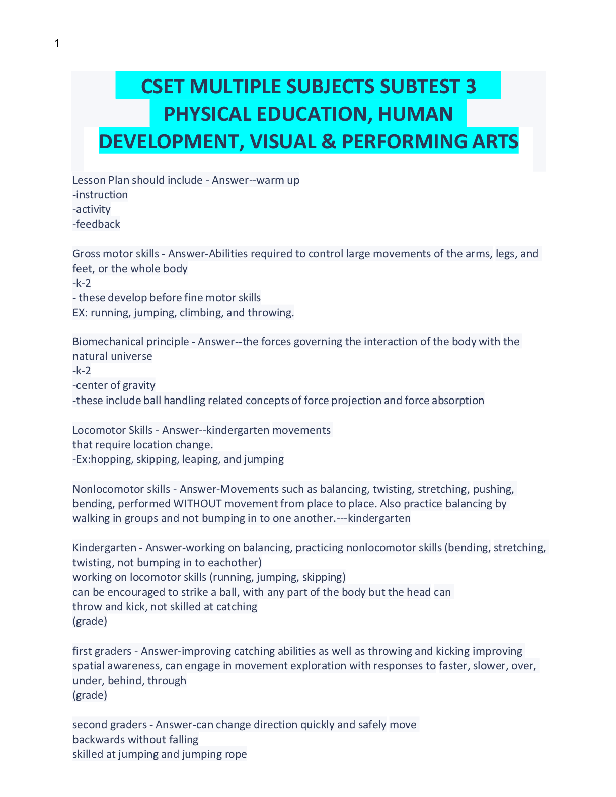 Preview image for CSET MULTIPLE SUBJECTS SUBTEST 3    PHYSICAL EDUCATION, HUMAN    DEVELOPMENT, VISUAL & PERFORMING ARTS