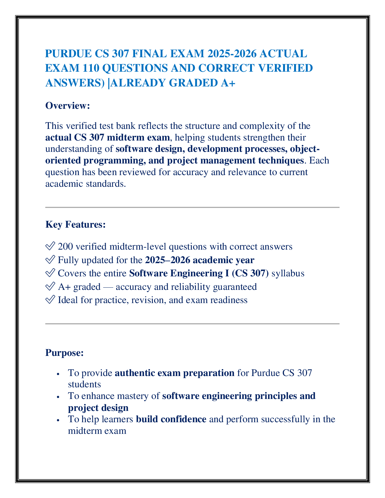 Preview of PURDUE CS 307 FINAL EXAM 2025-2026 ACTUAL  EXAM 110 QUESTIONS AND CORRECT VERIFIED ANSWERS