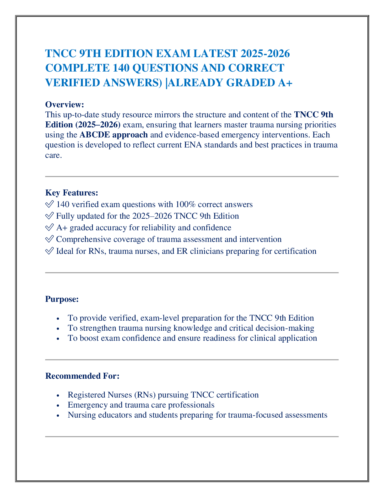 TNCC 9TH EDITION EXAM LATEST 2025-2026 COMPLETE 140 QUESTIONS AND CORRECT  VERIFIED ANSWERS) |ALREADY GRADED A+