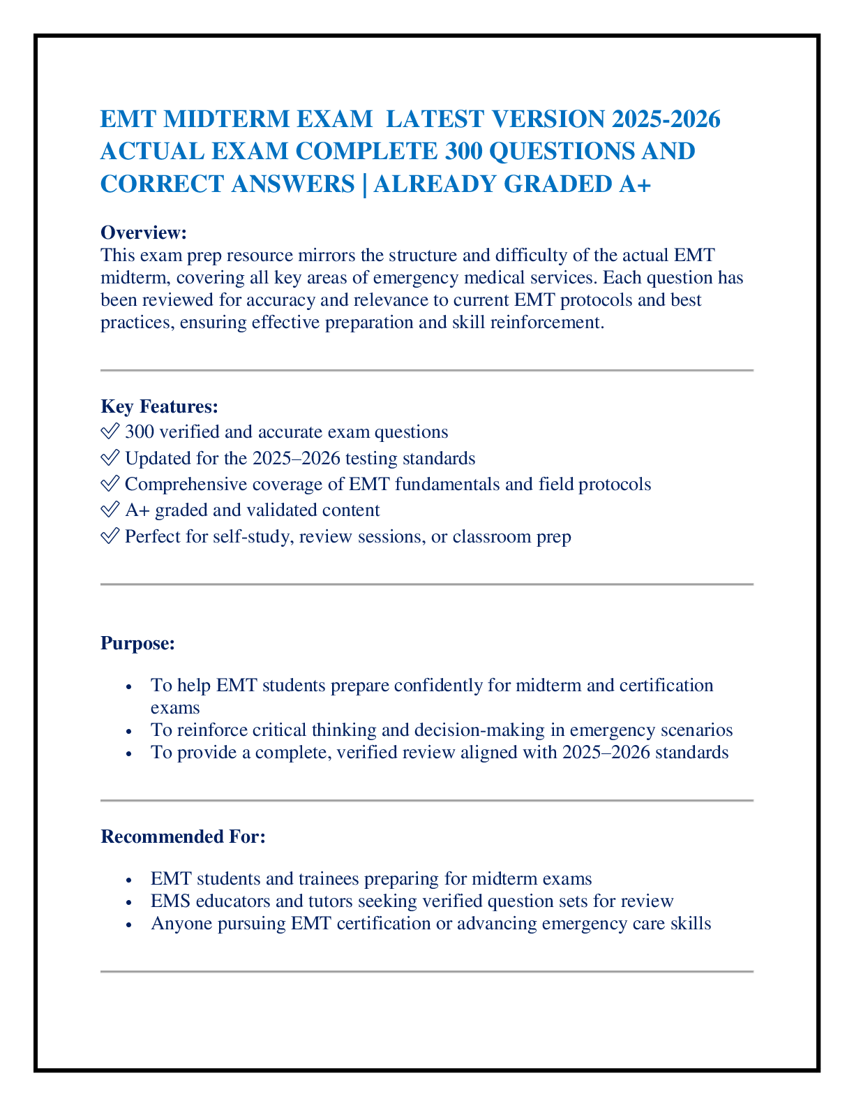 EMT MIDTERM EXAM  LATEST VERSION 2025-2026  ACTUAL EXAM COMPLETE 300 QUESTIONS AND  CORRECT ANSWERS | ALREADY GRADED A+