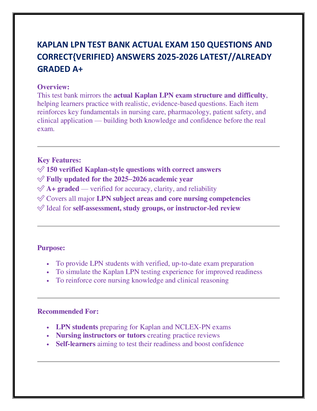 KAPLAN LPN TEST BANK ACTUAL EXAM 150 QUESTIONS AND  CORRECT{VERIFIED} ANSWERS 2025-2026 LATEST//ALREADY GRADED A+