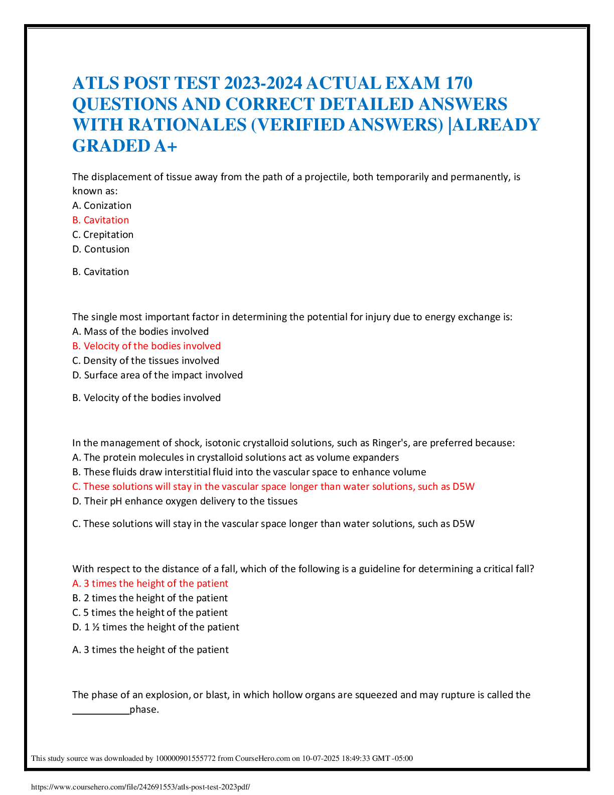 Recommended document preview for ATLS POST TEST 2023-2024 ACTUAL EXAM 170  QUESTIONS AND CORRECT DETAILED ANSWERS  WITH RATIONALES (VERIFIED ANSWERS) |ALREADY  GRADED A+