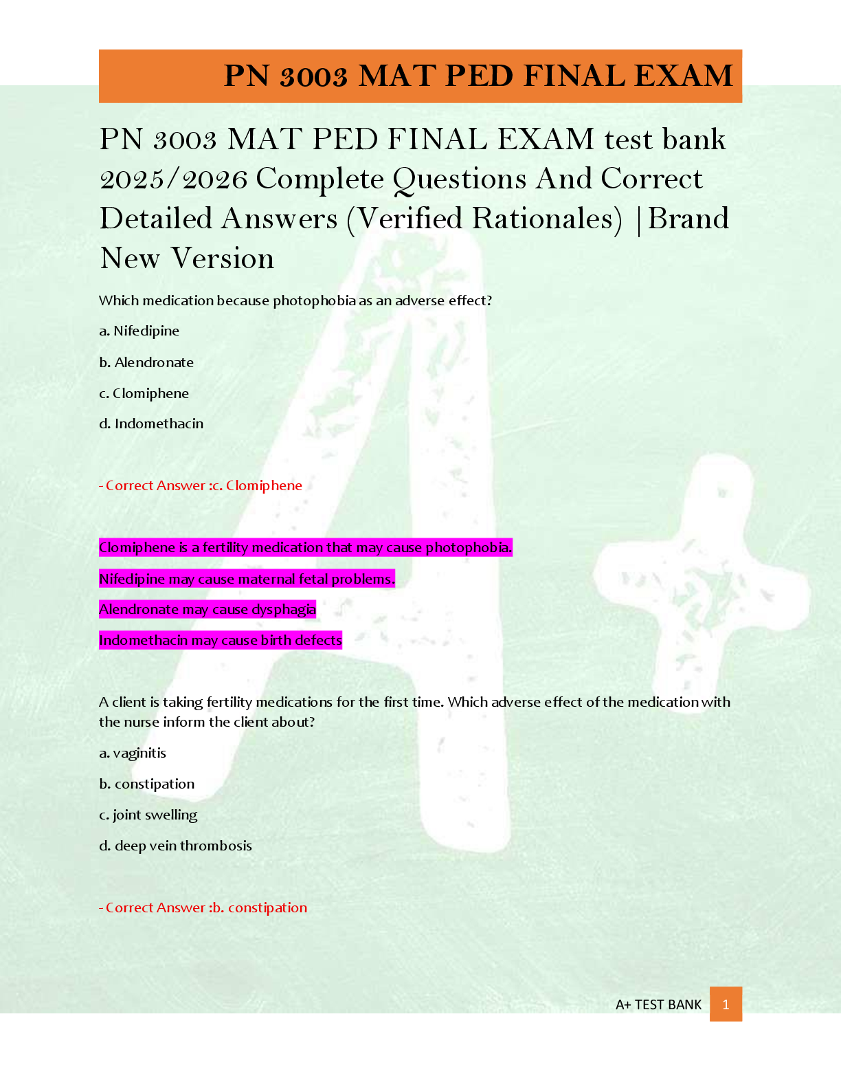 Preview of PN 3003 MAT PED FINAL EXAM test bank  2025/2026 Complete Questions And Correct  Detailed A