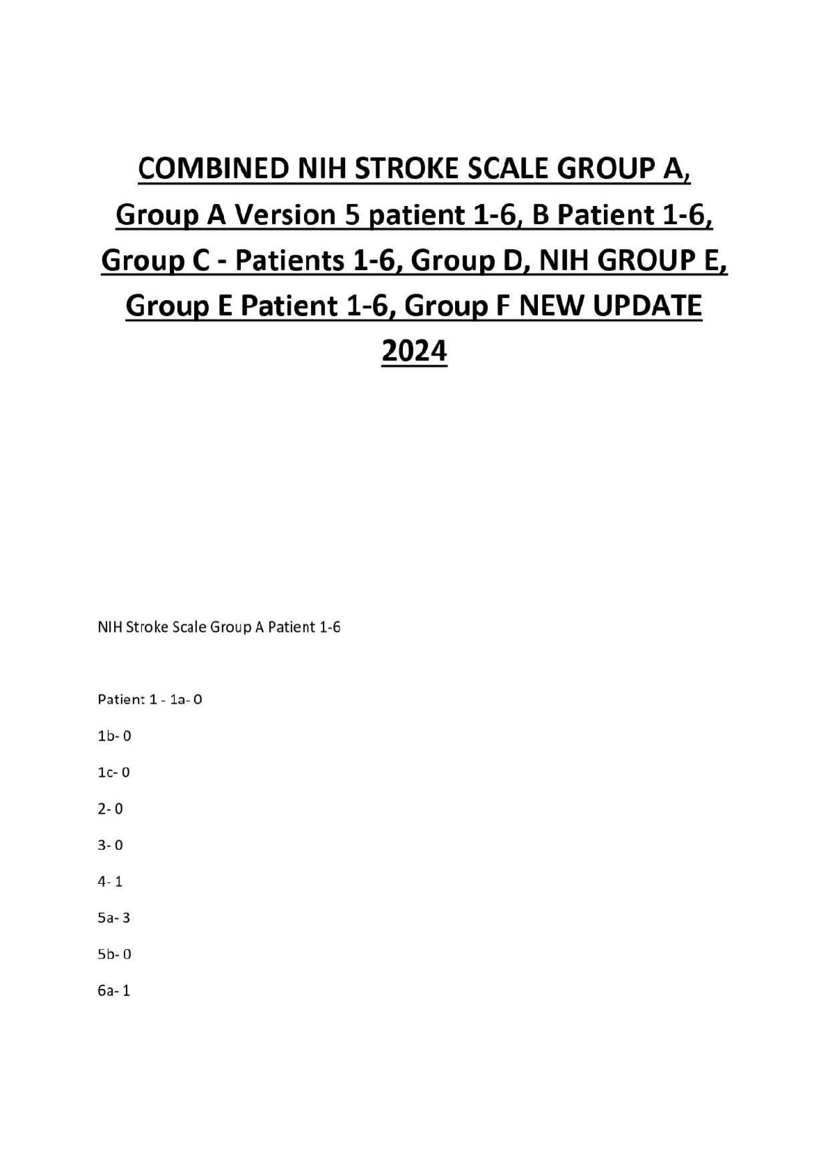 Recommended document preview for COMBINED NIH STROKE SCALE GROUP A,  Group A Version 5 patient 1-6, B Patient 1-6,  Group C - Patients 1-6, Group D, NIH GROUP E,  Group E Patient 1-6, Group F NEW UPDATE  2024