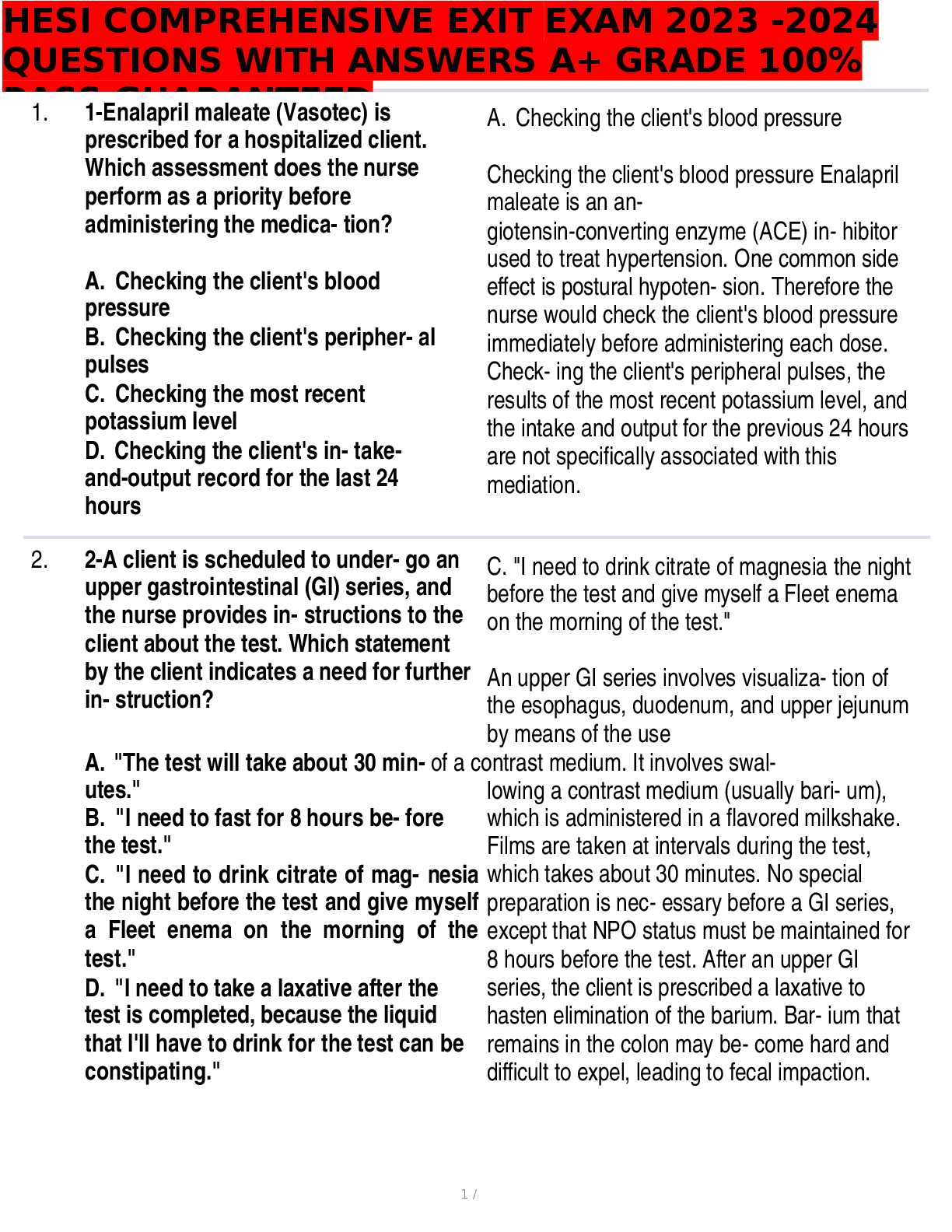 Preview image for HESI COMPREHENSIVE EXIT  EXAM 2023 -2024  QUESTIONS WITH ANSWERS A+ GRADE 100%