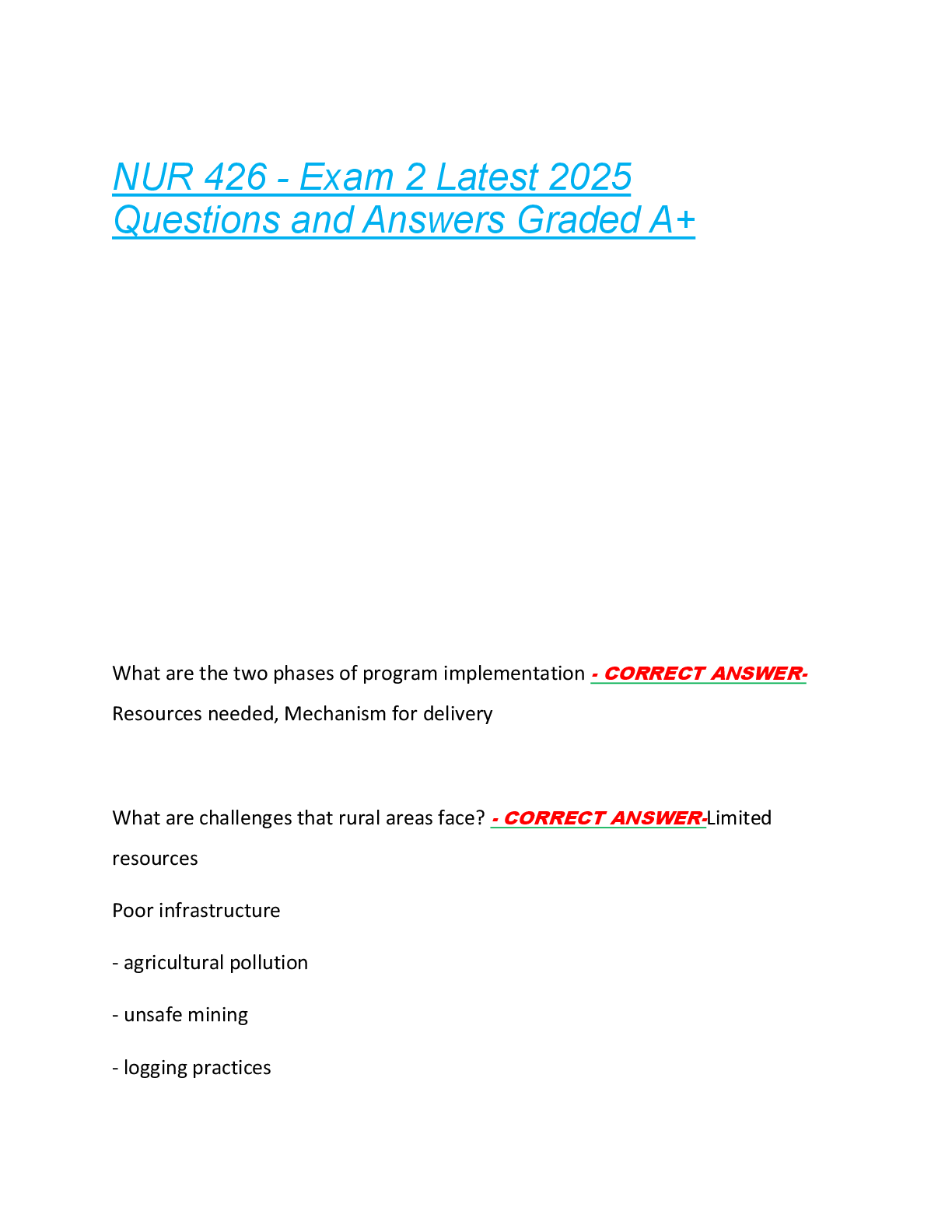 NUR 426 - Exam 2 Latest 2025  Questions and Answers Graded A+