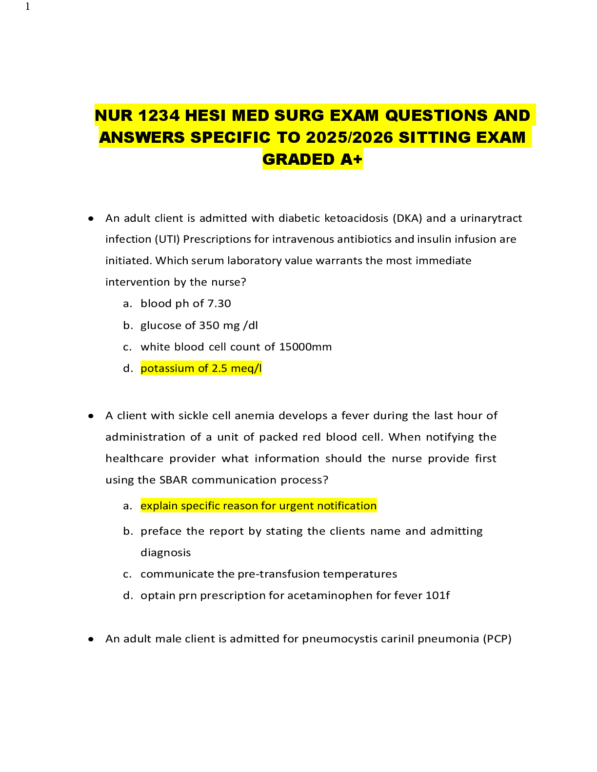 Preview image for NUR 1234 HESI MED SURG EXAM QUESTIONS AND  ANSWERS SPECIFIC TO 2025/2026 SITTING EXAM  GRADED A+