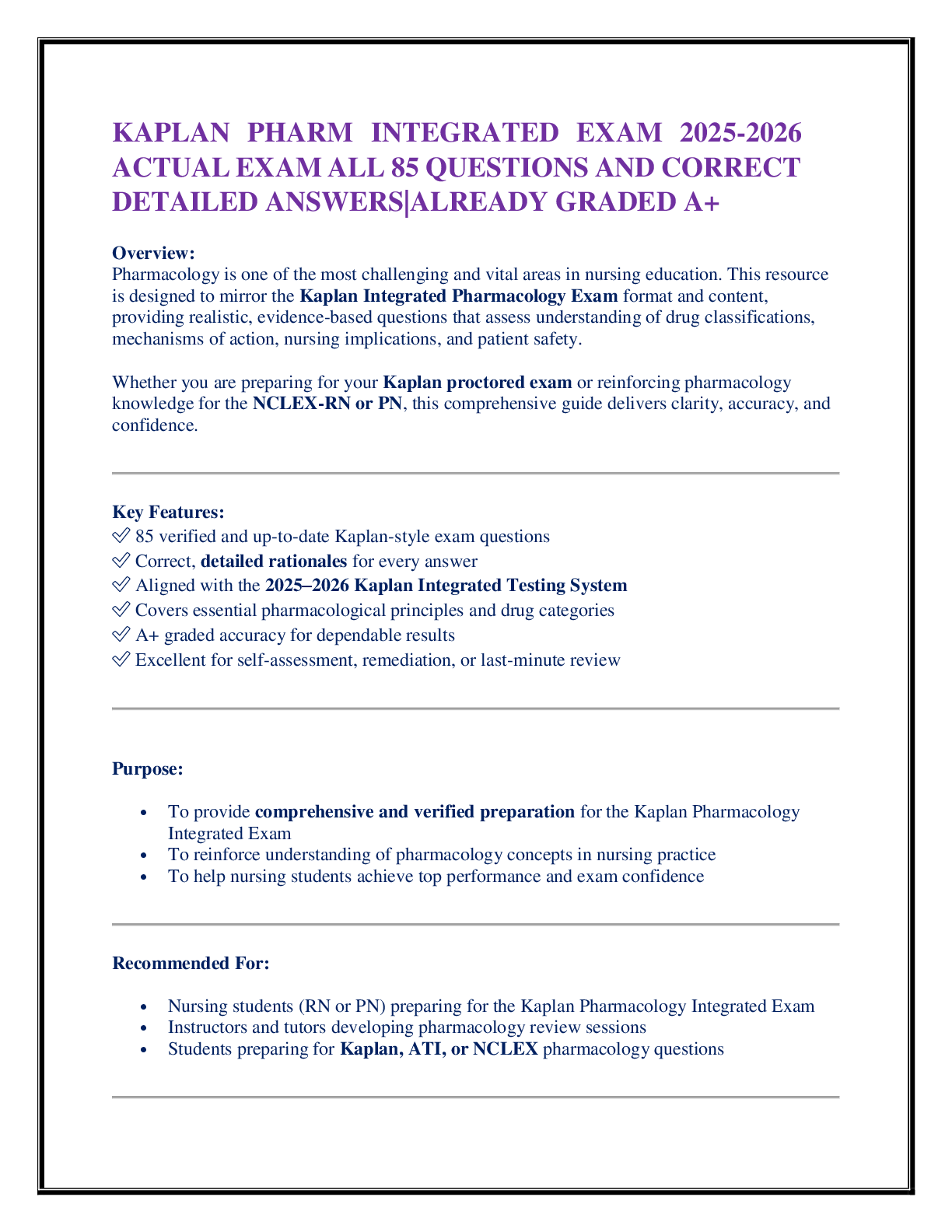 Preview of KAPLAN PHARM INTEGRATED EXAM 2025-2026 ACTUAL EXAM ALL 85 QUESTIONS AND CORRECT DETAILED A