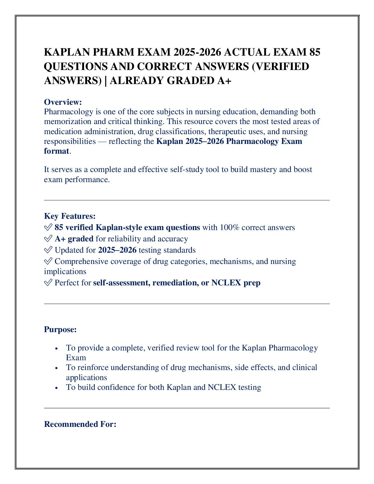 Preview of KAPLAN PHARM EXAM 2025-2026 ACTUAL EXAM 85  QUESTIONS AND CORRECT ANSWERS (VERIFIED ANSWER