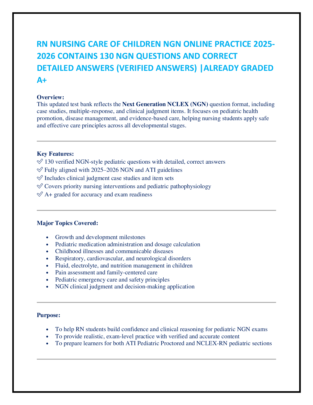 Preview of RN NURSING CARE OF CHILDREN NGN ONLINE PRACTICE 2025-2026 CONTAINS 130 NGN QUESTIONS AND C