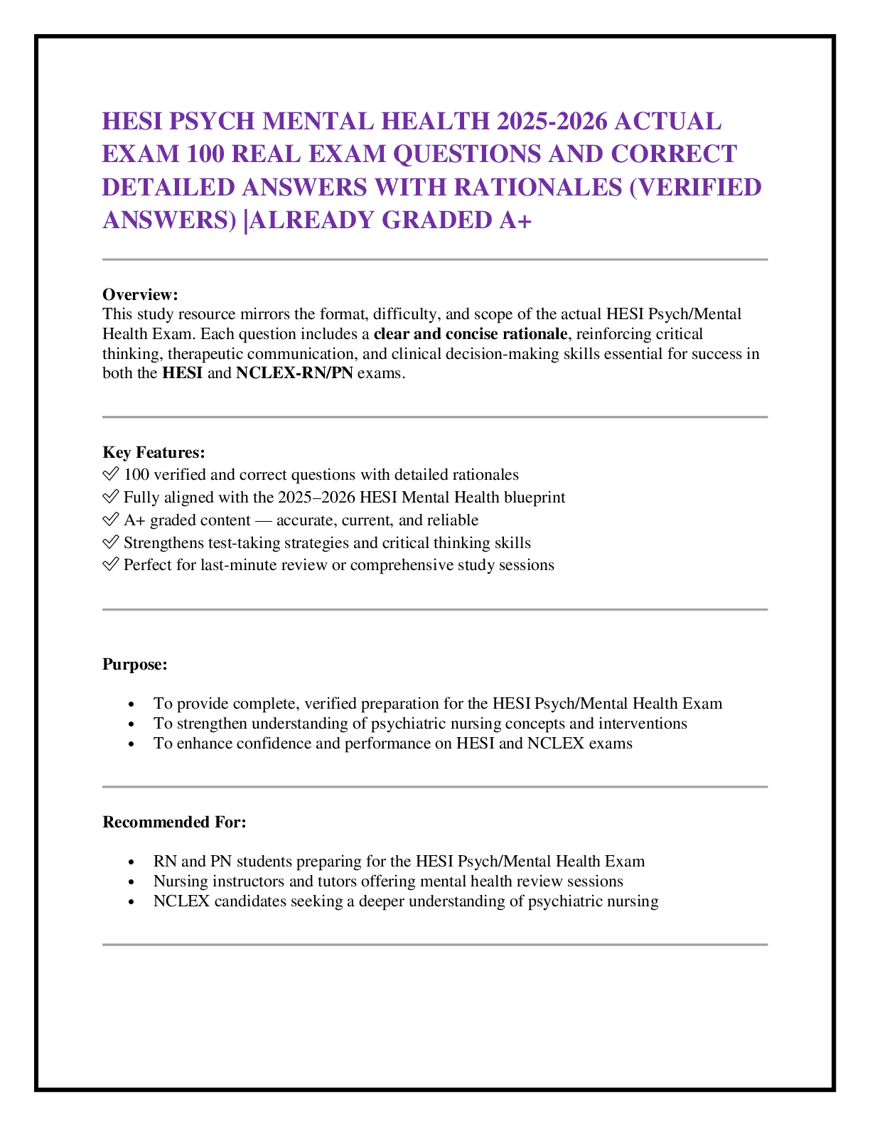 Recommended document preview for HESI PSYCH MENTAL HEALTH 2025-2026 ACTUAL  EXAM 100 REAL EXAM QUESTIONS AND CORRECT  DETAILED ANSWERS WITH RATIONALES (VERIFIED ANSWERS) |ALREADY GRADED A+