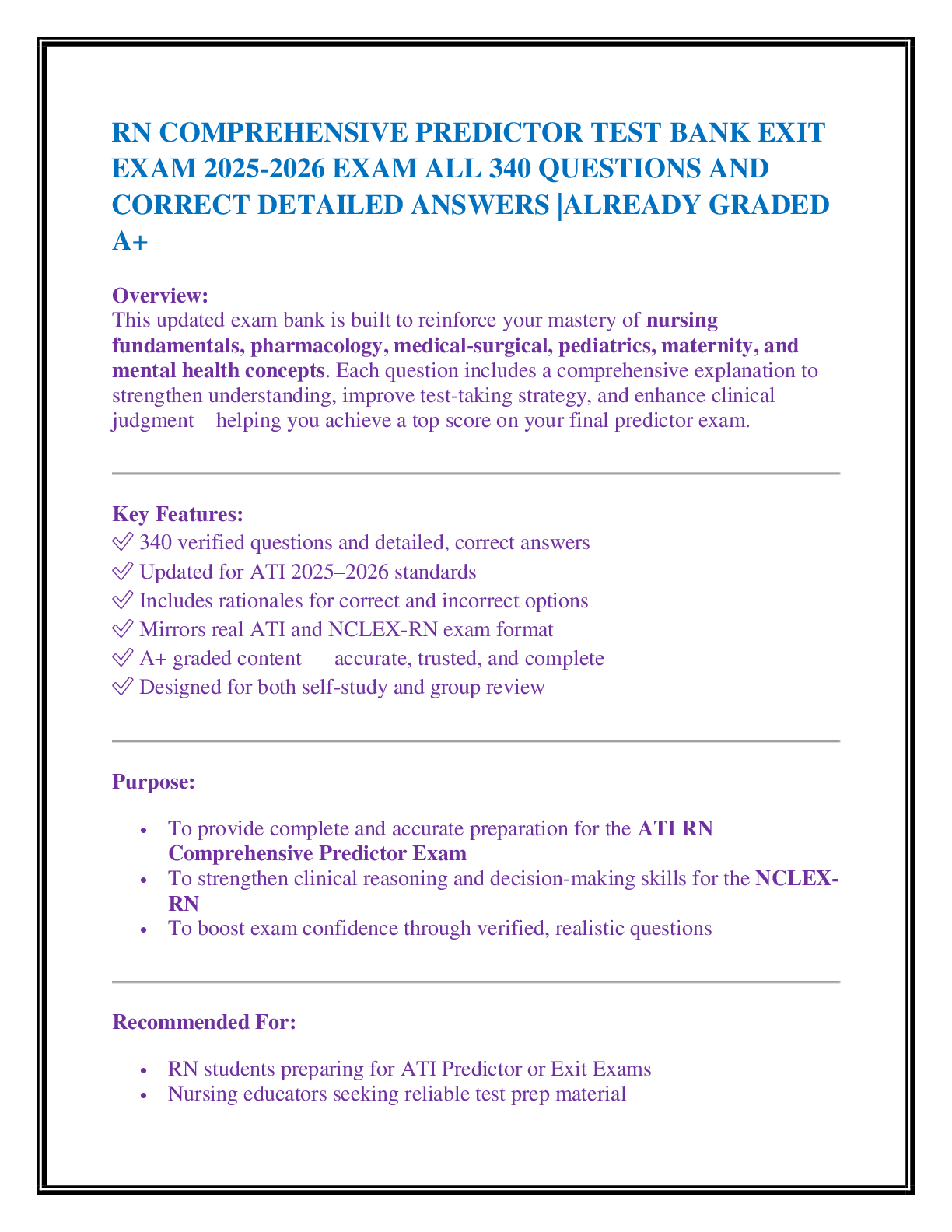 RN COMPREHENSIVE PREDICTOR TEST BANK EXIT  EXAM 2025-2026 EXAM ALL 340 QUESTIONS AND  CORRECT DETAILED ANSWERS |ALREADY GRADED A+