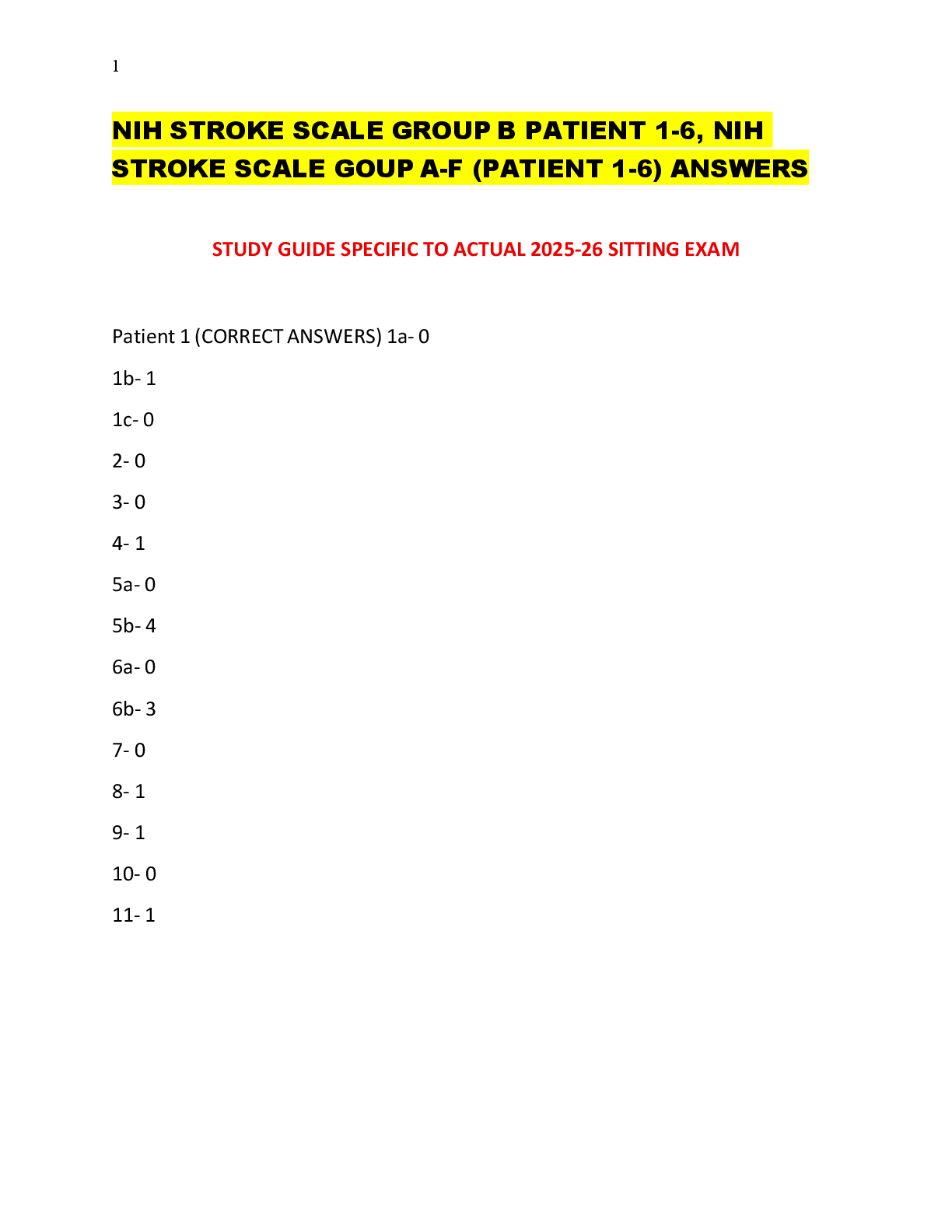 Preview image for NIH STROKE SCALE GROUP B PATIENT 1-6, NIH  STROKE SCALE GOUP A-F (PATIENT 1-6) ANSWERS