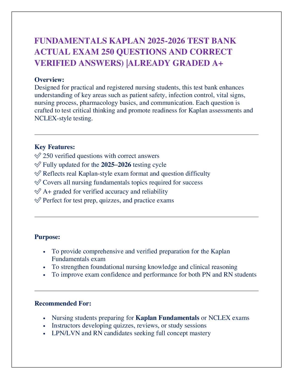 FUNDAMENTALS KAPLAN 2025-2026 TEST BANK  ACTUAL EXAM 250 QUESTIONS AND CORRECT  VERIFIED ANSWERS) |ALREADY GRADED A+