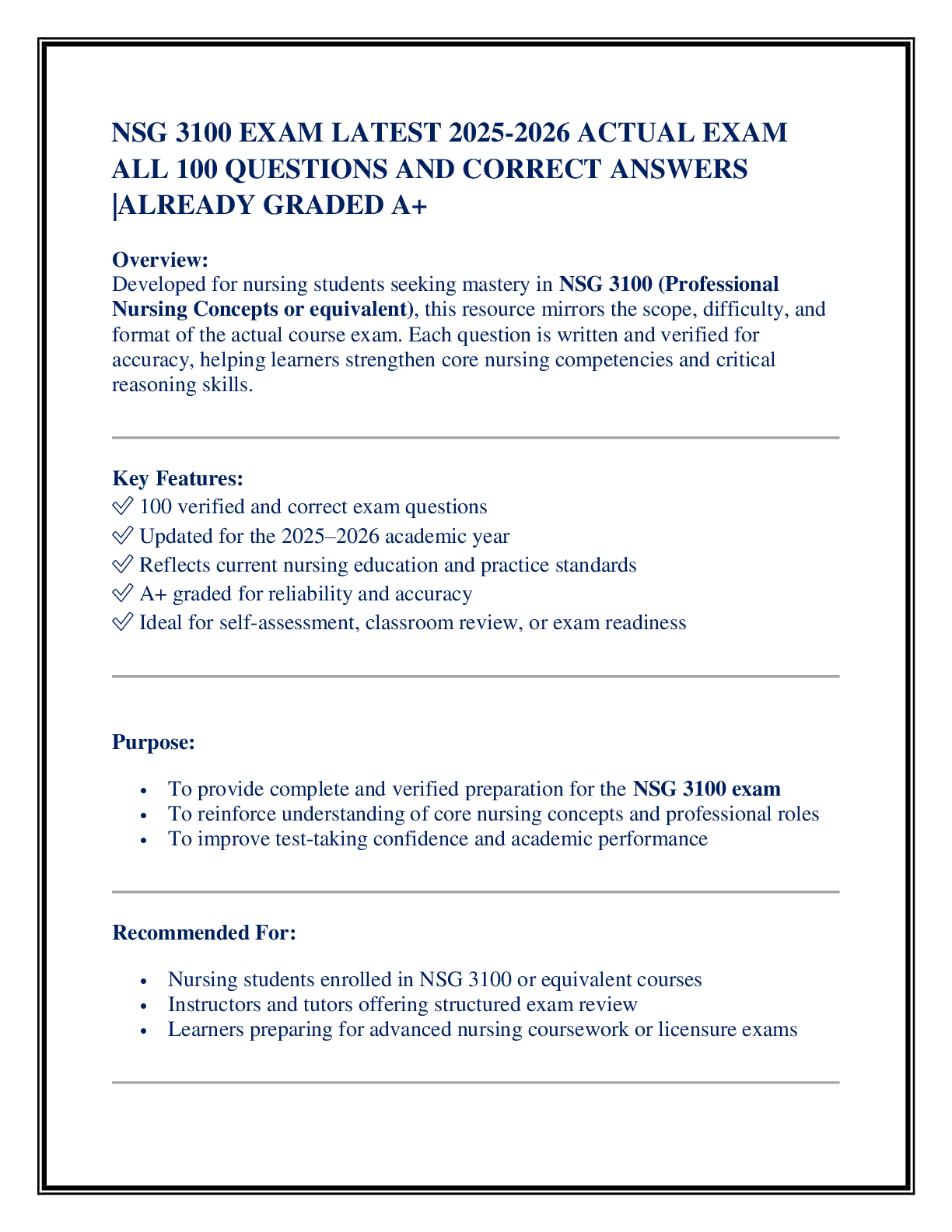 Recommended document preview for NSG 3100 EXAM LATEST 2025-2026 ACTUAL EXAM  ALL 100 QUESTIONS AND CORRECT ANSWERS |ALREADY GRADED A+