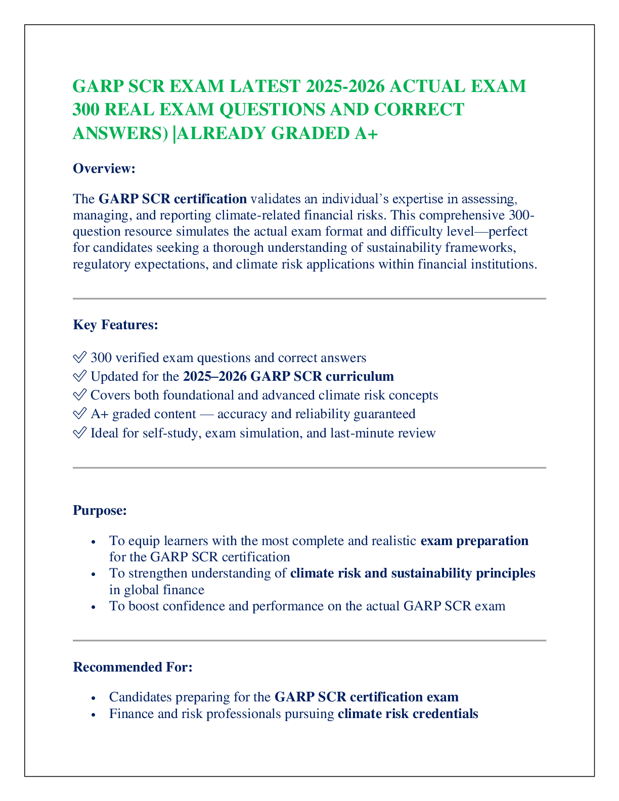 Preview of GARP SCR EXAM LATEST 2025-2026 ACTUAL EXAM  300 REAL EXAM QUESTIONS AND CORRECT  ANSWERS)