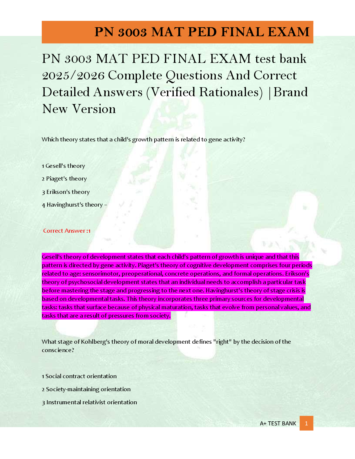 Preview of PN 3003 MAT PED FINAL EXAM test bank  2025/2026 Complete Questions And Correct  Detailed Answers (Verified Rationales) |Brand  New Version