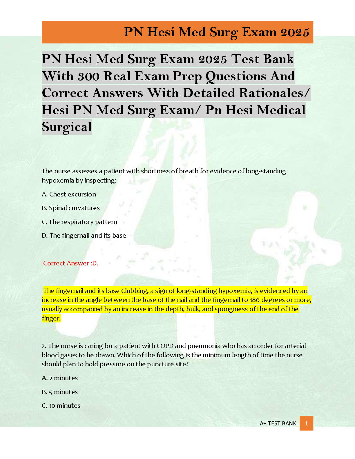 Preview of PN Hesi Med Surg Exam 2025 Test Bank   With 300 Real Exam Prep Questions And  Correct Answ