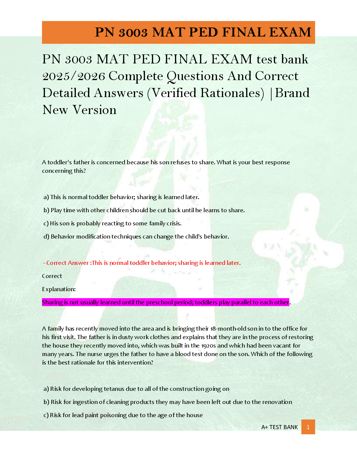 Preview of PN 3003 MAT PED FINAL EXAM test bank  2025/2026 Complete Questions And Correct  Detailed A