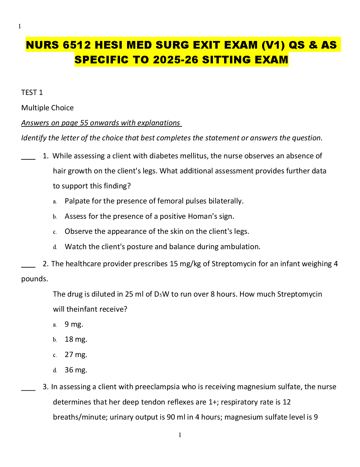 Preview image for NURS 6512 HESI MED SURG EXIT EXAM (V1) QS & AS  SPECIFIC TO 2025-26 SITTING EXAM