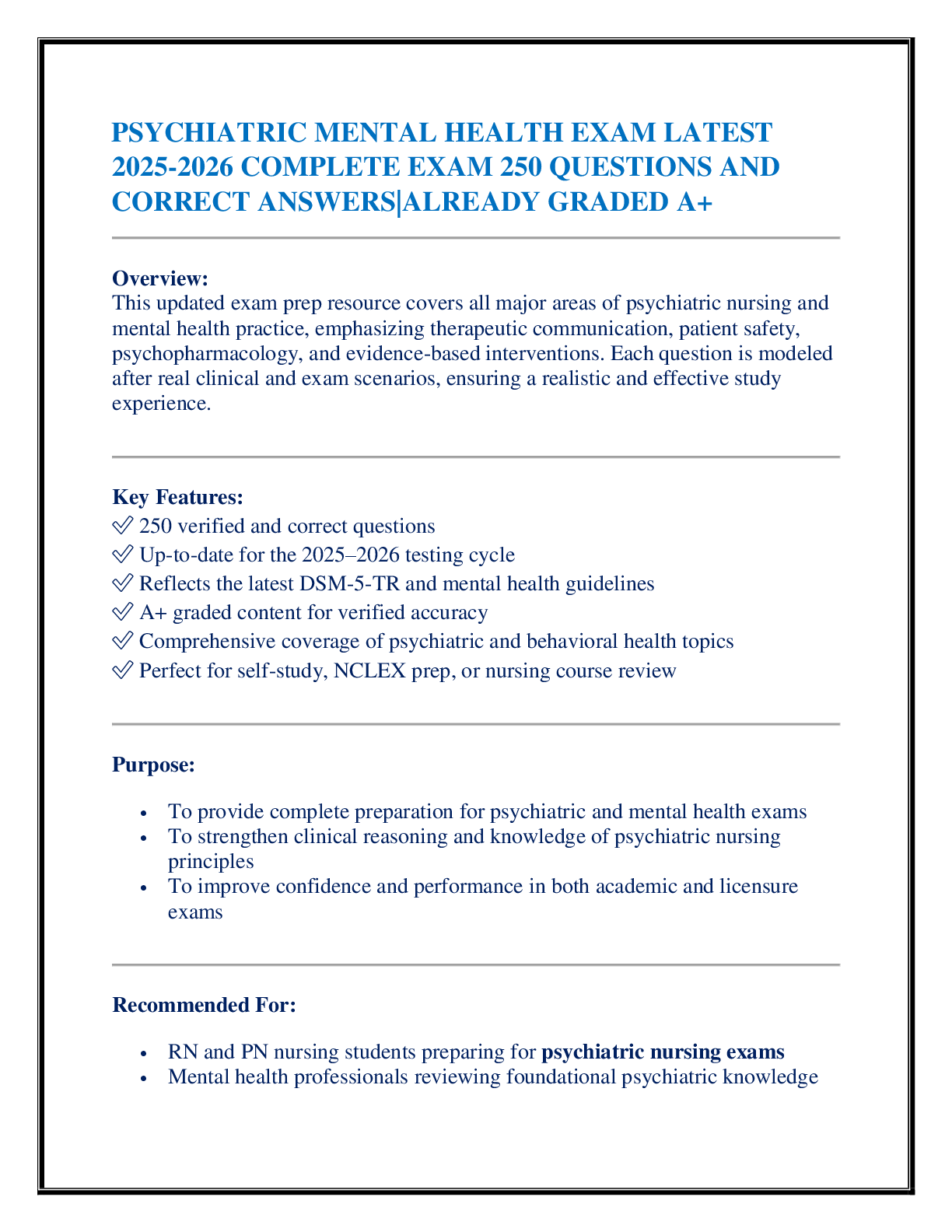 Preview of PSYCHIATRIC MENTAL HEALTH EXAM LATEST 2025-2026 COMPLETE EXAM 250 QUESTIONS AND  CORRECT ANSWERS|ALREADY GRADED A+