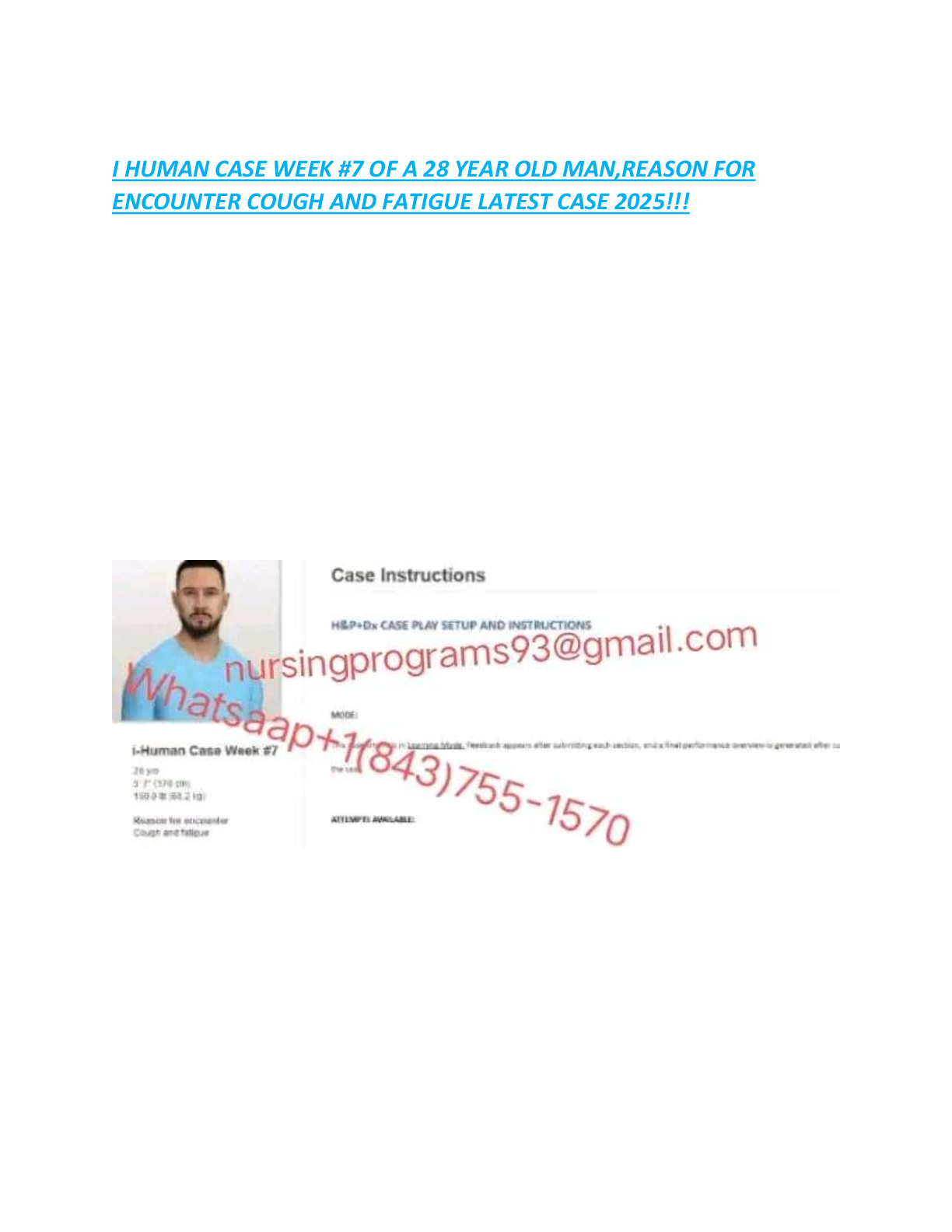 Recommended document preview for I HUMAN CASE WEEK #7 OF A 28 YEAR OLD MAN,REASON FOR  ENCOUNTER COUGH AND FATIGUE LATEST CASE 2025!!! I HUMAN CASE WEEK #7 OF A 28 YEAR OLD MAN,REASON FOR  ENCOUNTER COUGH AND FATIGUE LATEST CASE 2025!!!