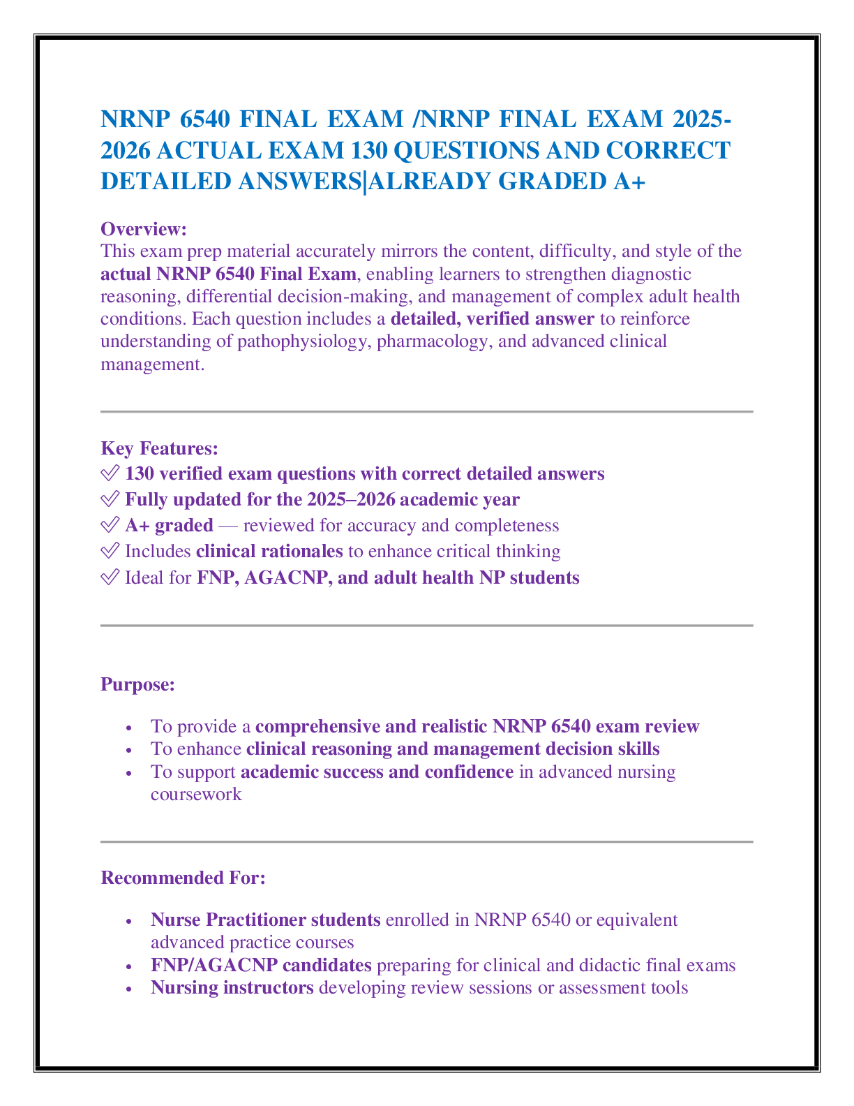 Recommended document preview for NRNP 6540 FINAL EXAM /NRNP FINAL EXAM 2025-2026 ACTUAL EXAM 130 QUESTIONS AND CORRECT DETAILED ANSWERS|ALREADY GRADED A+