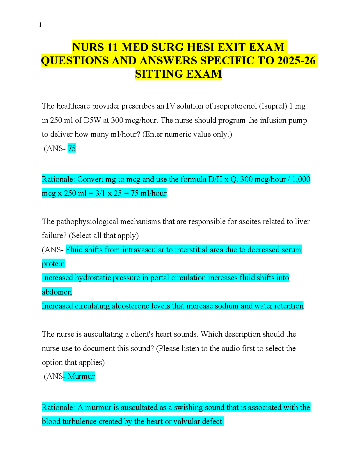 Preview image for NURS 11 MED SURG HESI EXIT EXAM  QUESTIONS AND ANSWERS SPECIFIC TO 2025-26  SITTING EXAM