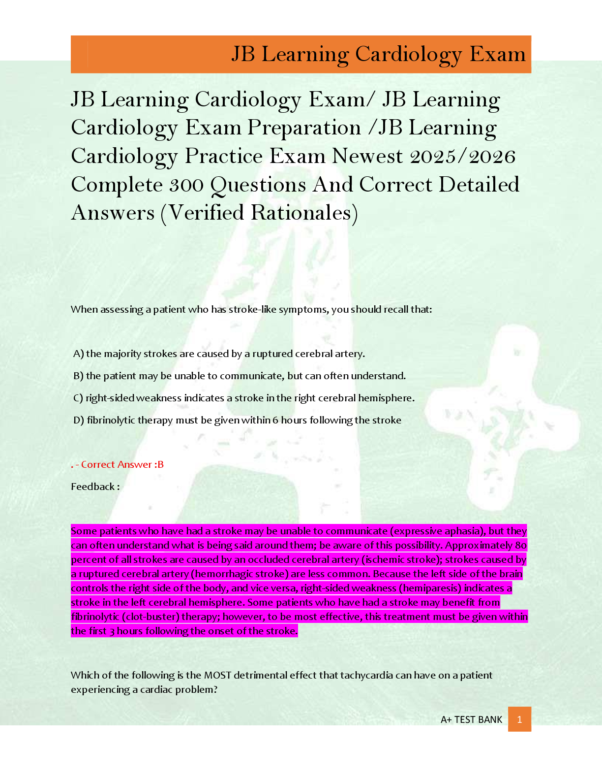 Preview of JB Learning Cardiology Exam/ JB Learning  Cardiology Exam Preparation /JB Learning  Cardio