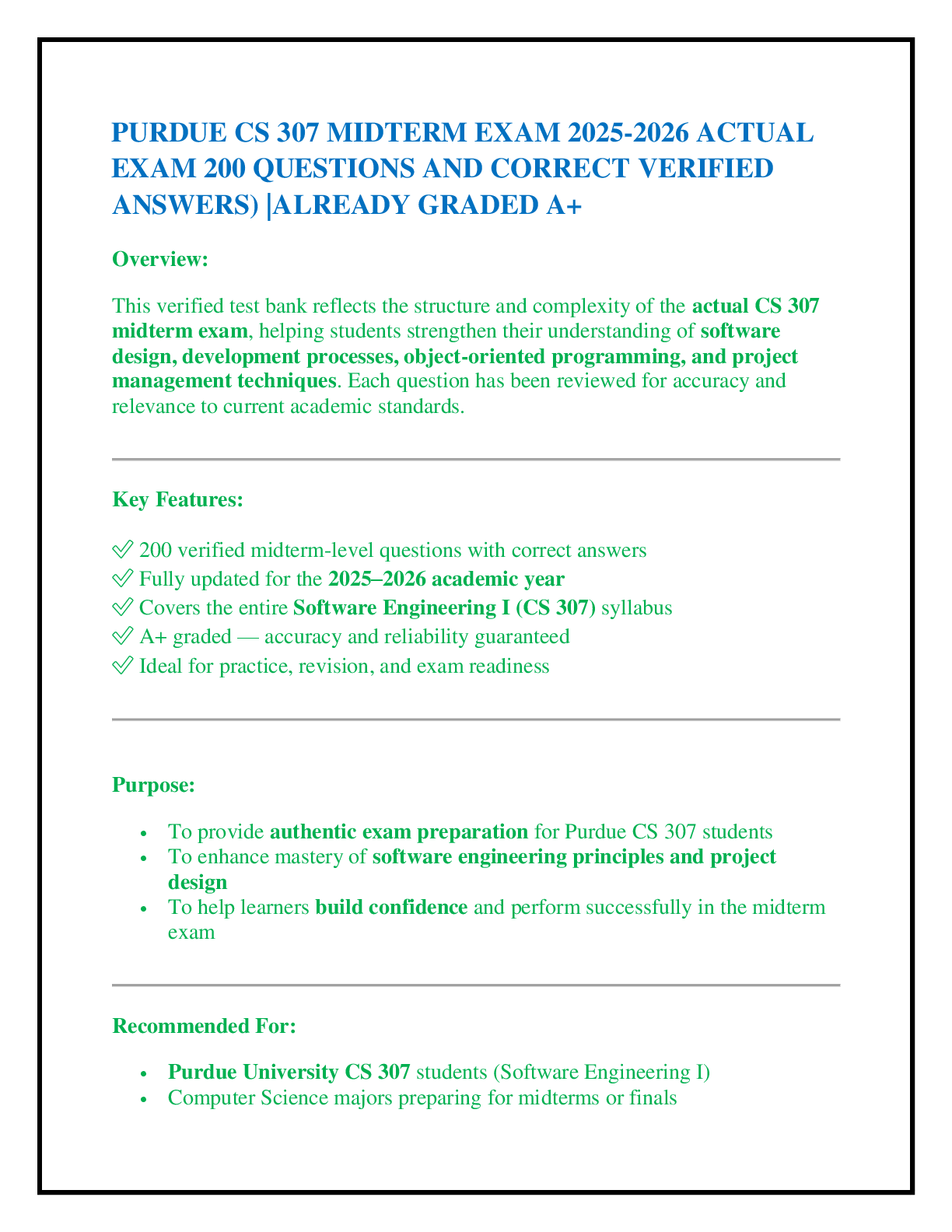 Preview of PURDUE CS 307 MIDTERM EXAM 2025-2026 ACTUAL  EXAM 200 QUESTIONS AND CORRECT VERIFIED ANSWE