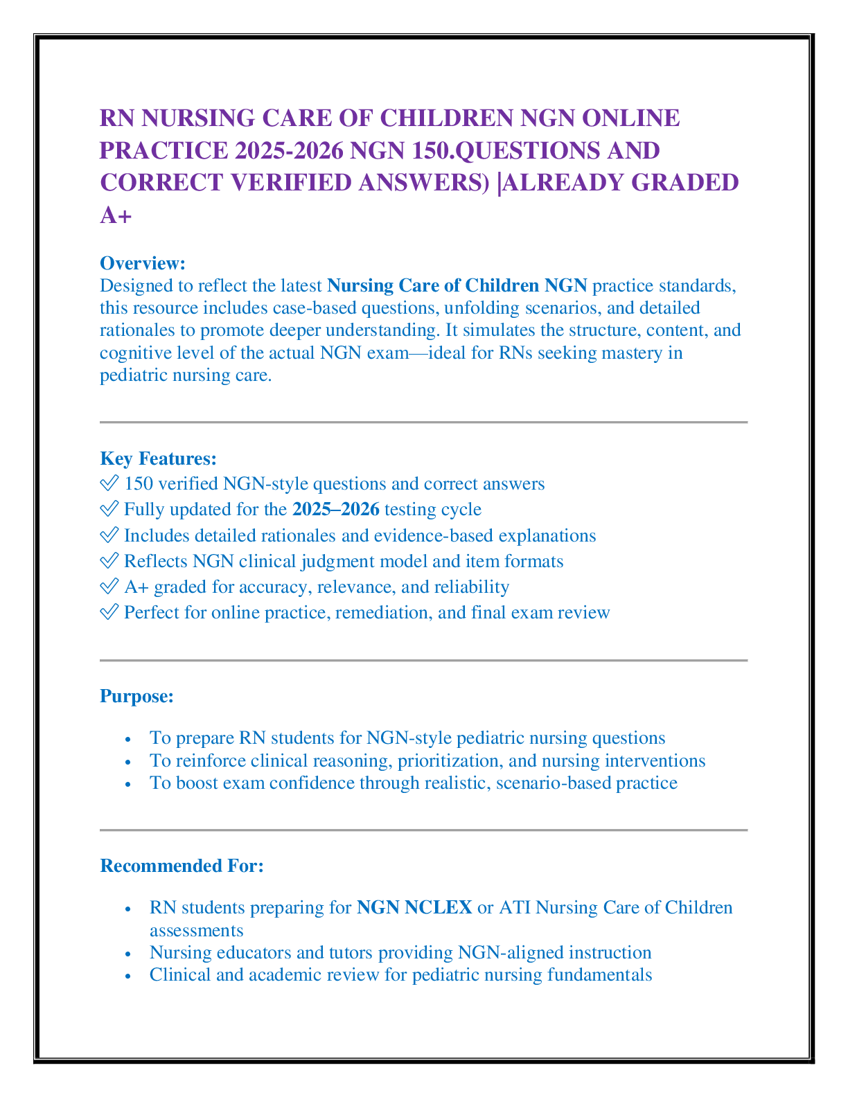 Preview of RN NURSING CARE OF CHILDREN NGN ONLINE  PRACTICE 2025-2026 NGN 150.QUESTIONS AND CORRECT VERIFIED ANSWERS) |ALREADY GRADED A+