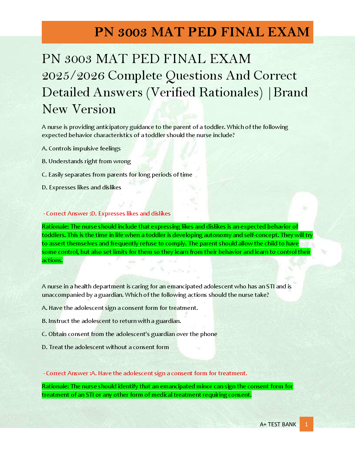 Preview of PN 3003 MAT PED FINAL EXAM  2025/2026 Complete Questions And Correct  Detailed Answers (Verified Rationales) |Brand  New Version