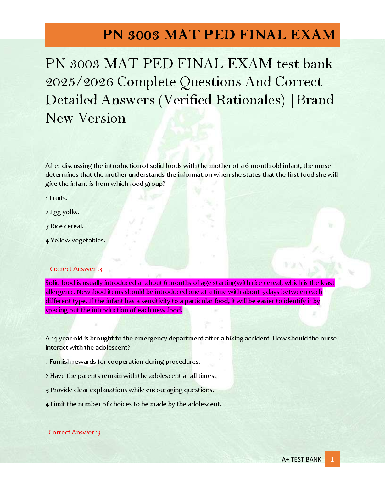 Preview of PN 3003 MAT PED FINAL EXAM test bank  2025/2026 Complete Questions And Correct  Detailed A