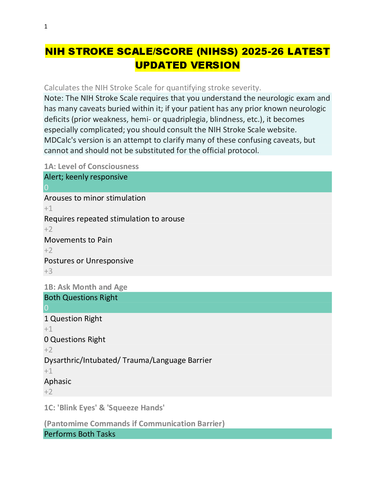 Preview image for NIH STROKE SCALE/SCORE (NIHSS) 2025-26 LATEST  UPDATED VERSION