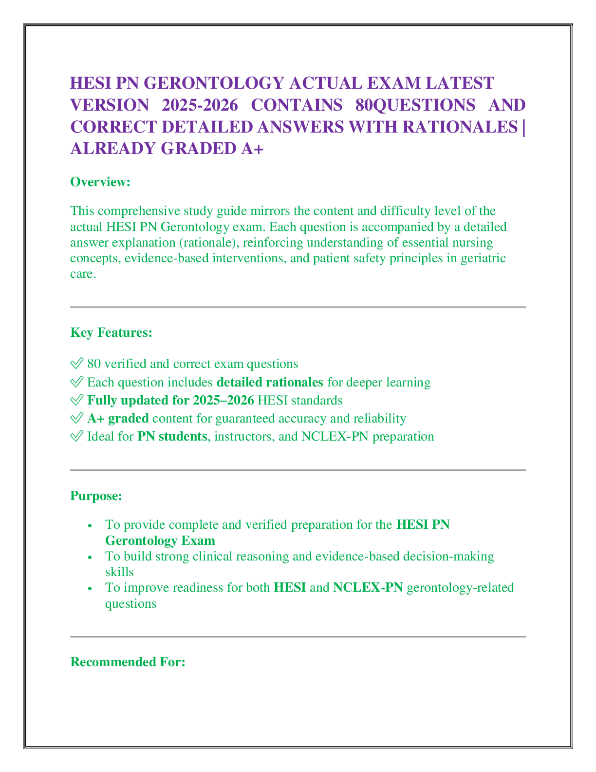 Preview of HESI PN GERONTOLOGY ACTUAL EXAM LATEST  VERSION 2025-2026 CONTAINS 80QUESTIONS AND CORRECT