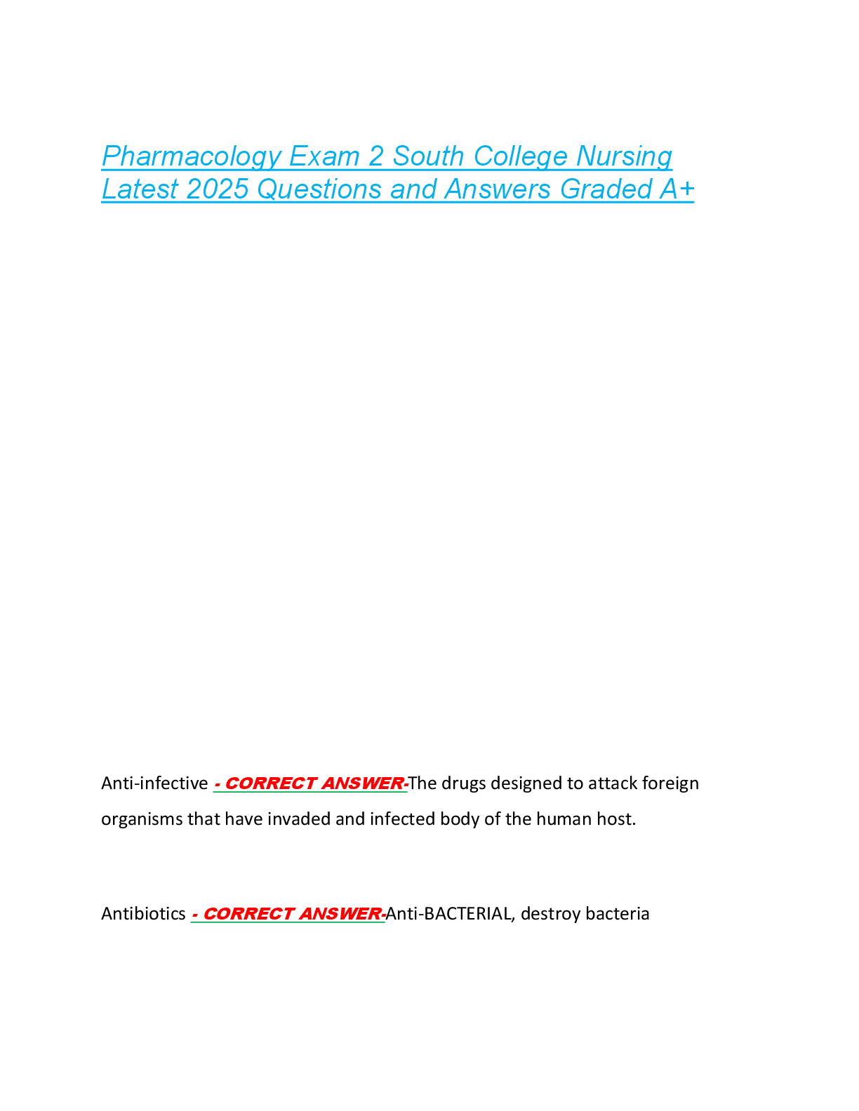 Pharmacology Exam 2 South College Nursing  Latest 2025 Questions and Answers Graded A+