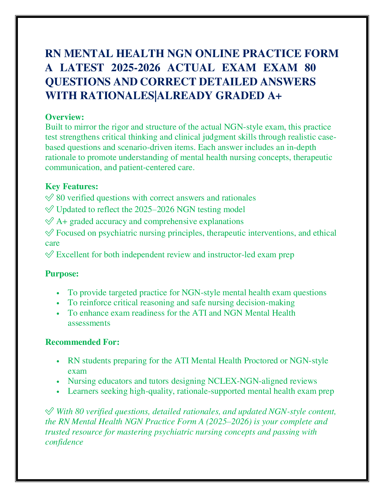Recommended document preview for RN MENTAL HEALTH NGN ONLINE PRACTICE FORM  A LATEST 2025-2026 ACTUAL EXAM EXAM 80 QUESTIONS AND CORRECT DETAILED ANSWERS WITH RATIONALES|ALREADY GRADED A+