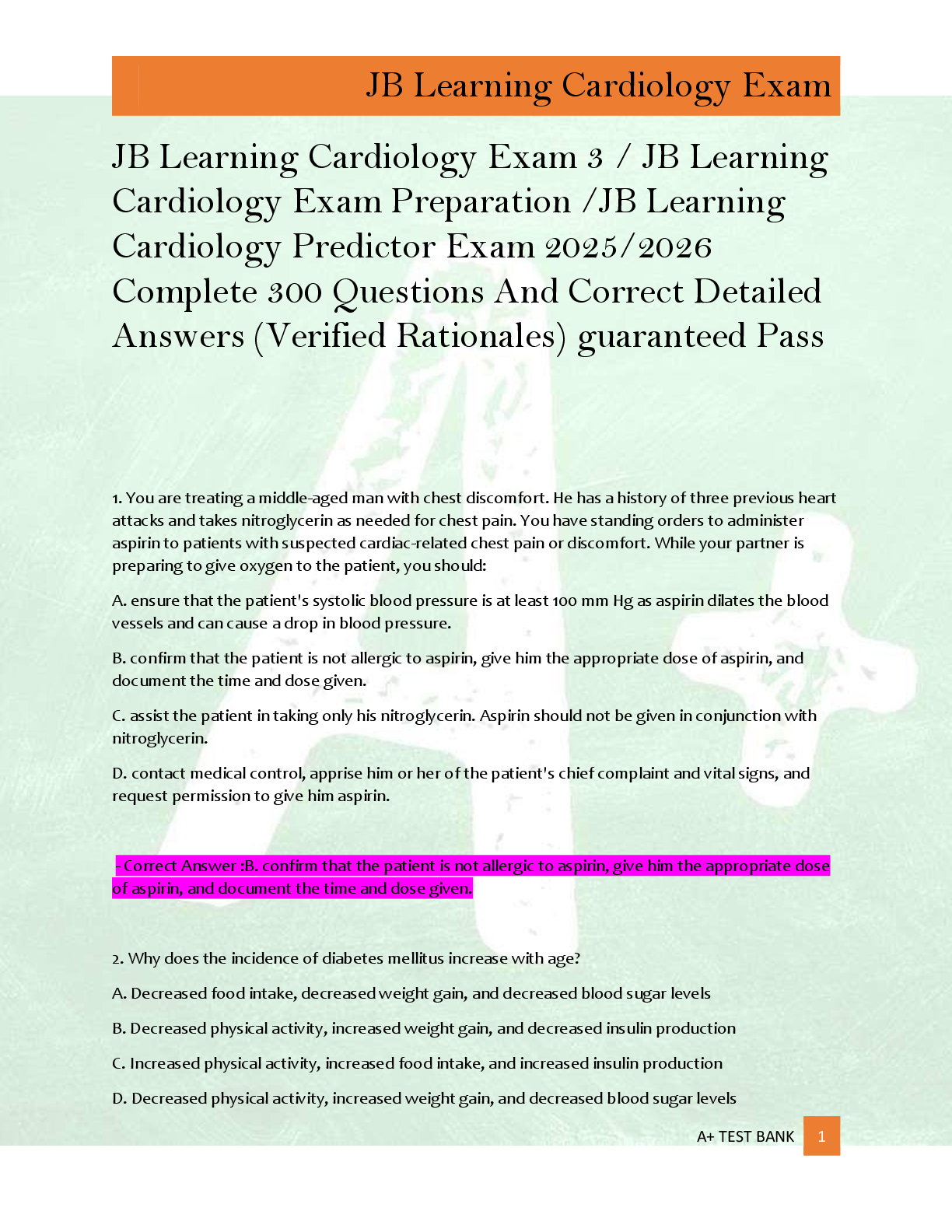 Preview of JB Learning Cardiology Exam 3 / JB Learning  Cardiology Exam Preparation /JB Learning  Car