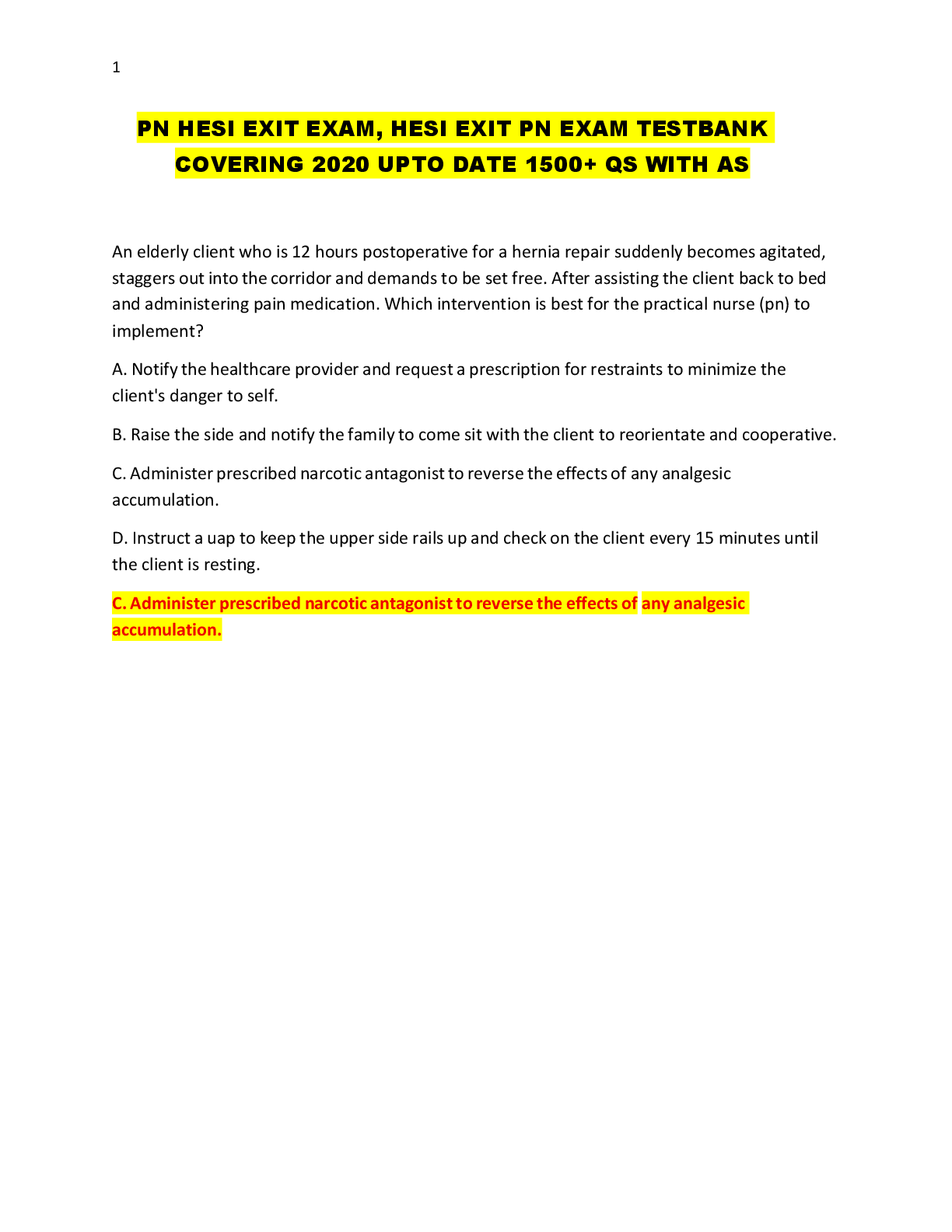 Preview image for PN HESI EXIT EXAM, HESI EXIT PN EXAM TESTBANK  COVERING 2020 UPTO DATE 1500+ QS WITH AS