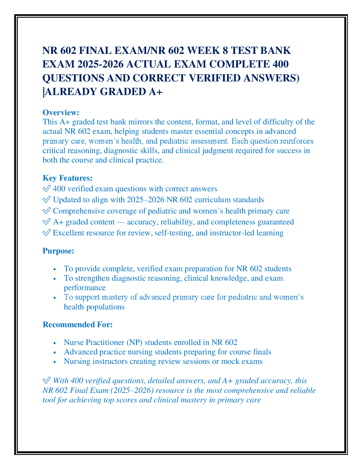 NR 602 FINAL EXAM/NR 602 WEEK 8 TEST BANK  EXAM 2025-2026 ACTUAL EXAM COMPLETE 400  QUESTIONS AND CORRECT VERIFIED ANSWERS) |ALREADY GRADED A+
